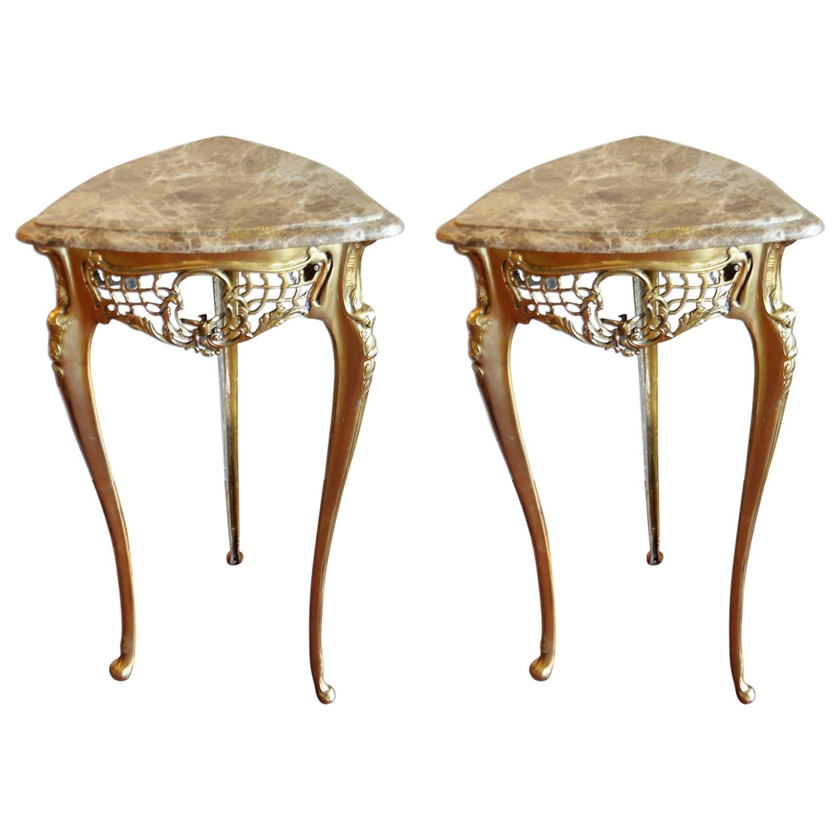 Pair of Small Side Tables, Bronze Base, Highly Decorative, Lace, Birds, Marble
