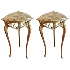 Pair of Small Side Tables, Bronze Base, Highly Decorative, Lace, Birds, Marble