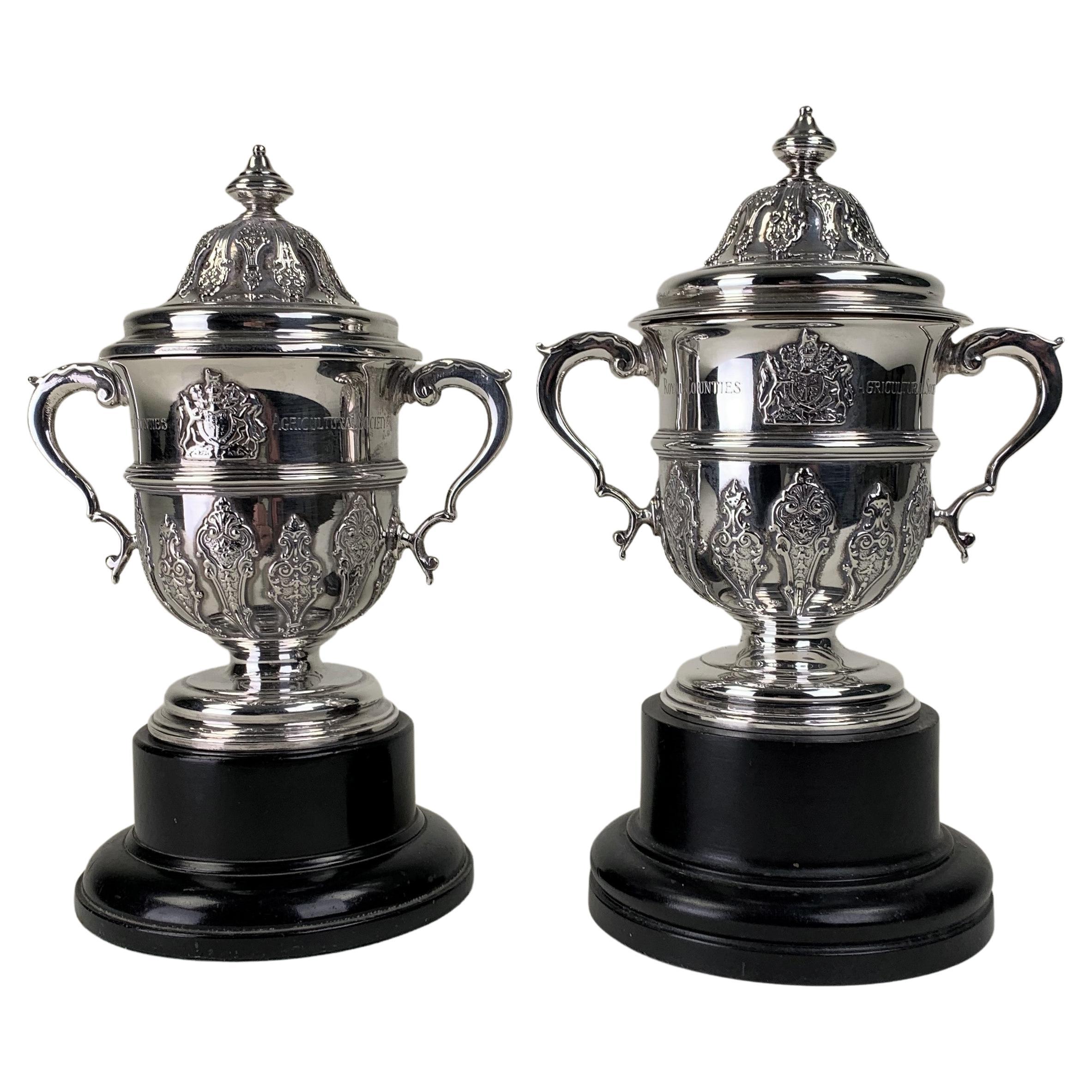 Pair of Small Silver Garrard Trophy Cups for the Champion Diary Herd For Sale