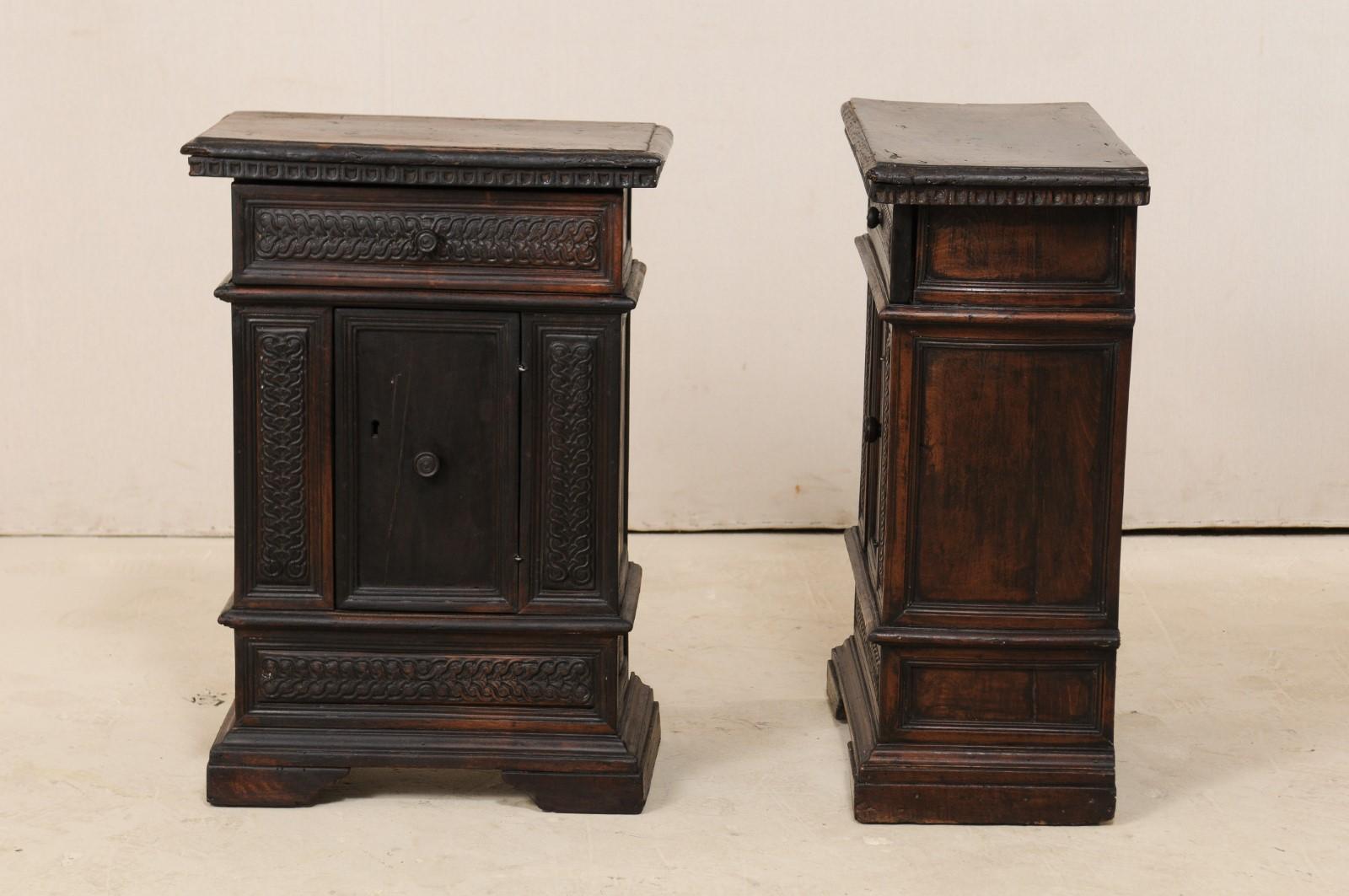 Hand-Carved An Italian Pair of Small-Sized 18th C. Carved-Walnut Side Chests or Nightstands