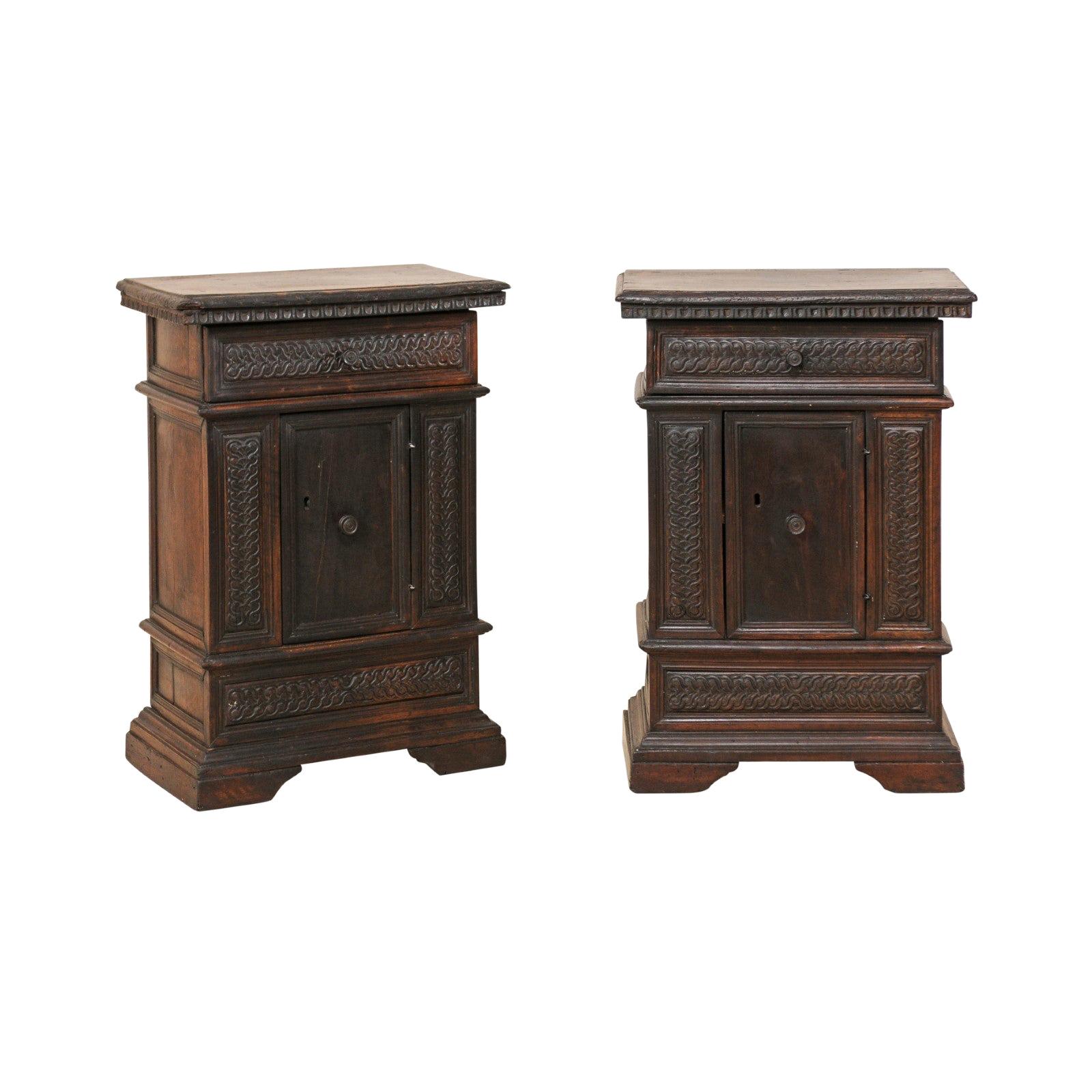 An Italian Pair of Small-Sized 18th C. Carved-Walnut Side Chests or Nightstands