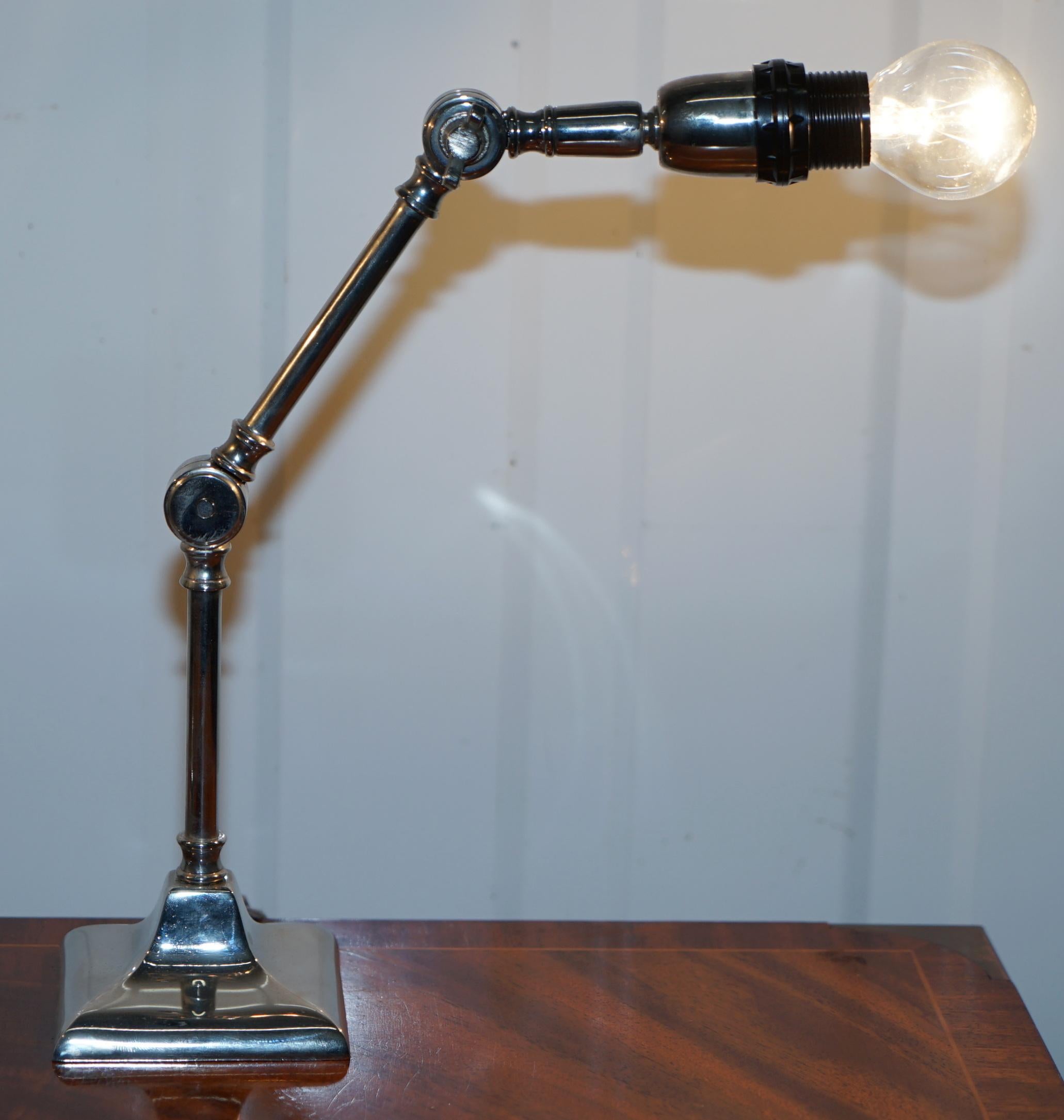 Hand-Crafted Pair of Small Solid Polished Metal Table Lamps with Two Points of Articulation