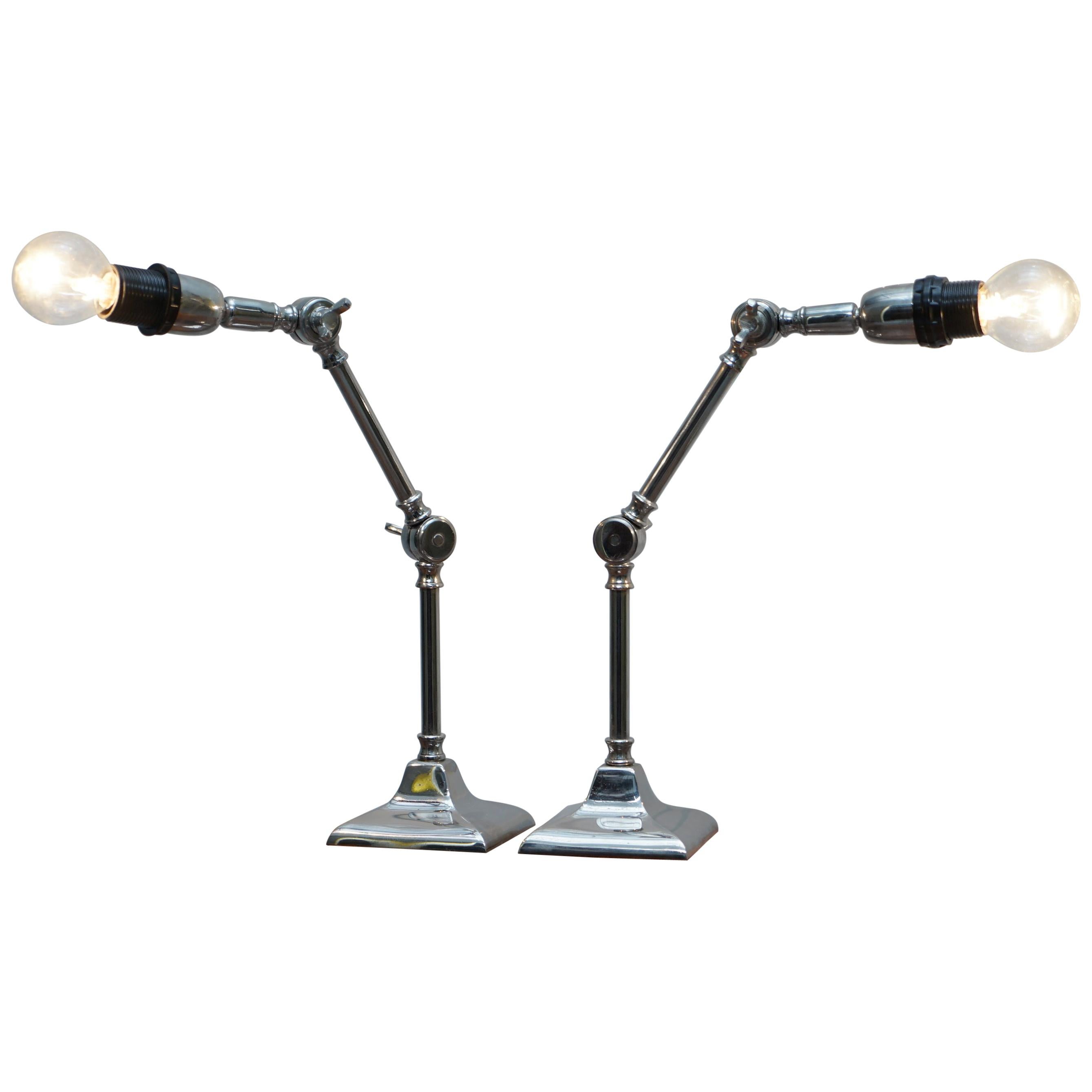 Pair of Small Solid Polished Metal Table Lamps with Two Points of Articulation