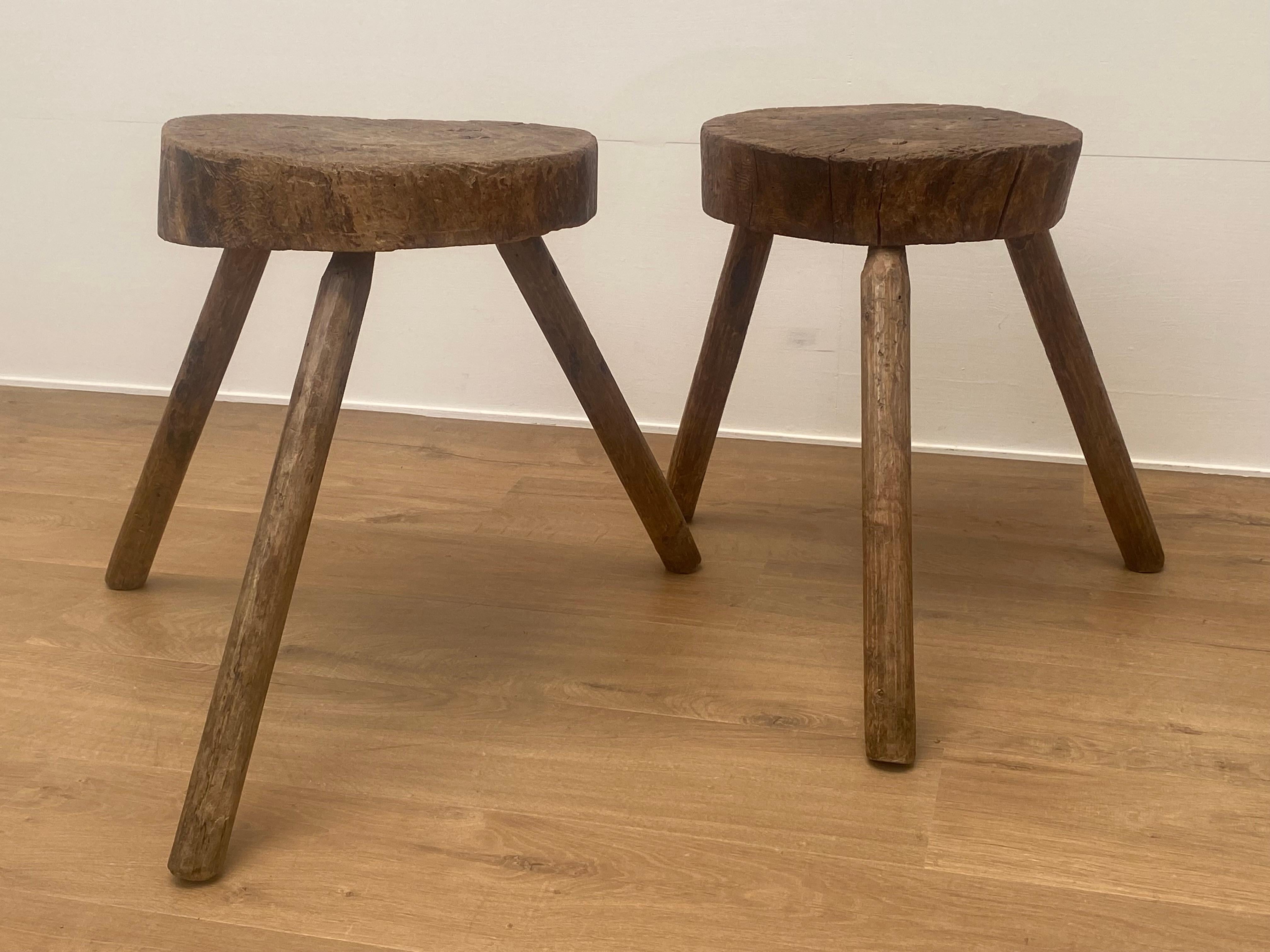 Brutalist pair of Spanish Industrial working tables or stools,
to be used for different purposes, seating or as a table,
the stools have a beautiful old patina and shine of the Blond Fruitwood,
very decorative objects