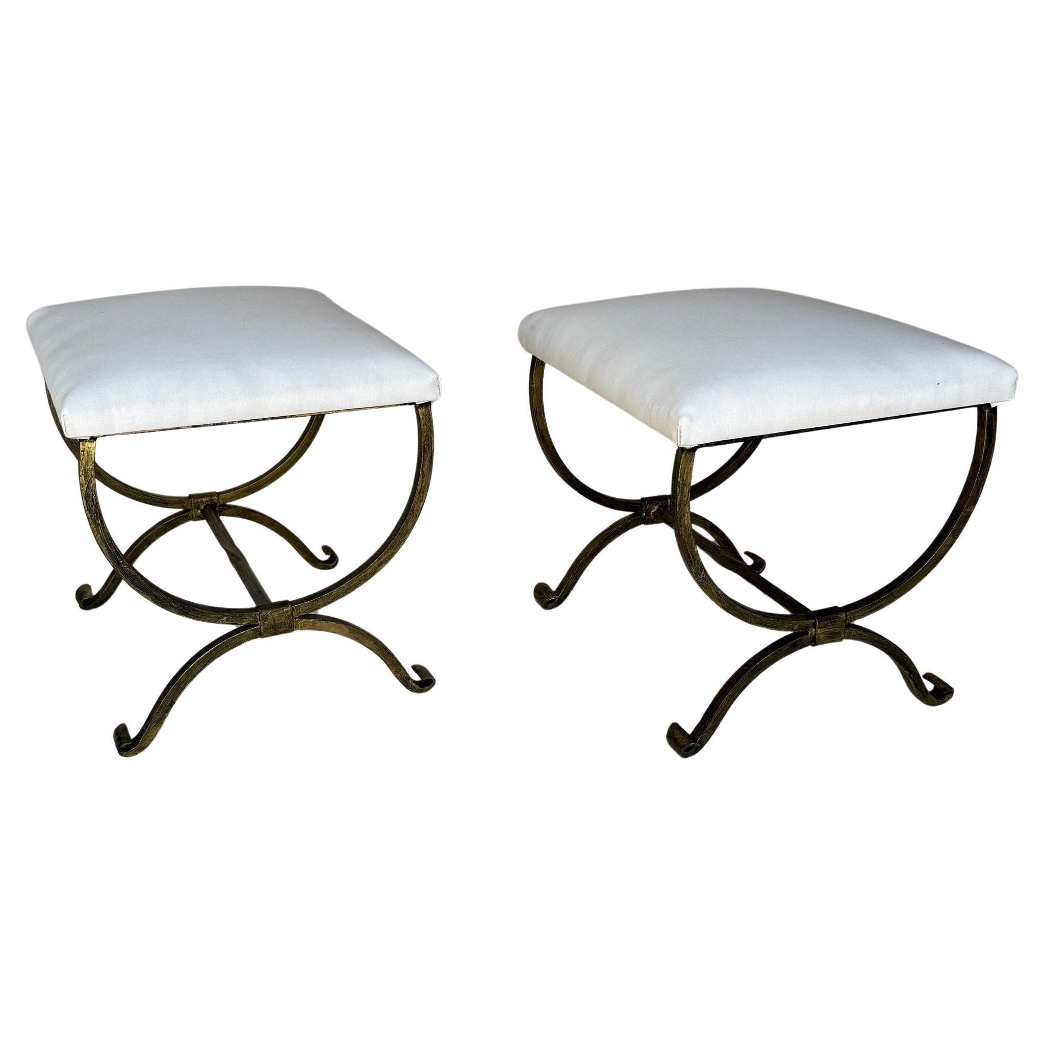 Pair of Small Spanish Gilt Iron Benches with Twisted Stretchers