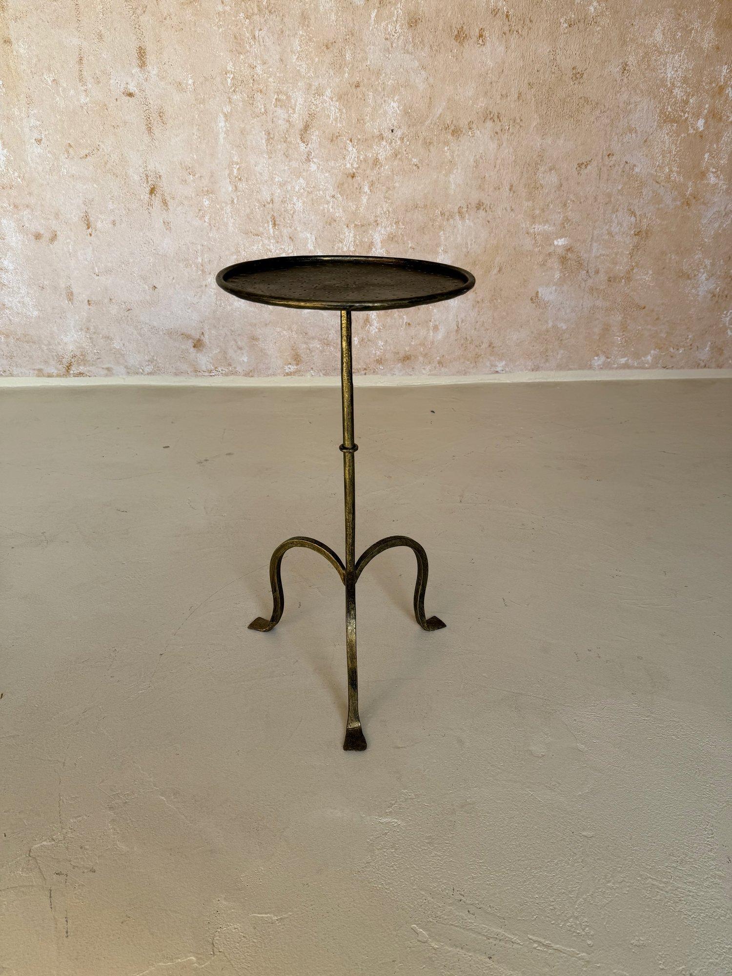 Contemporary Pair of Small Spanish Gilt Iron Drinks Tables on Tripod Bases For Sale