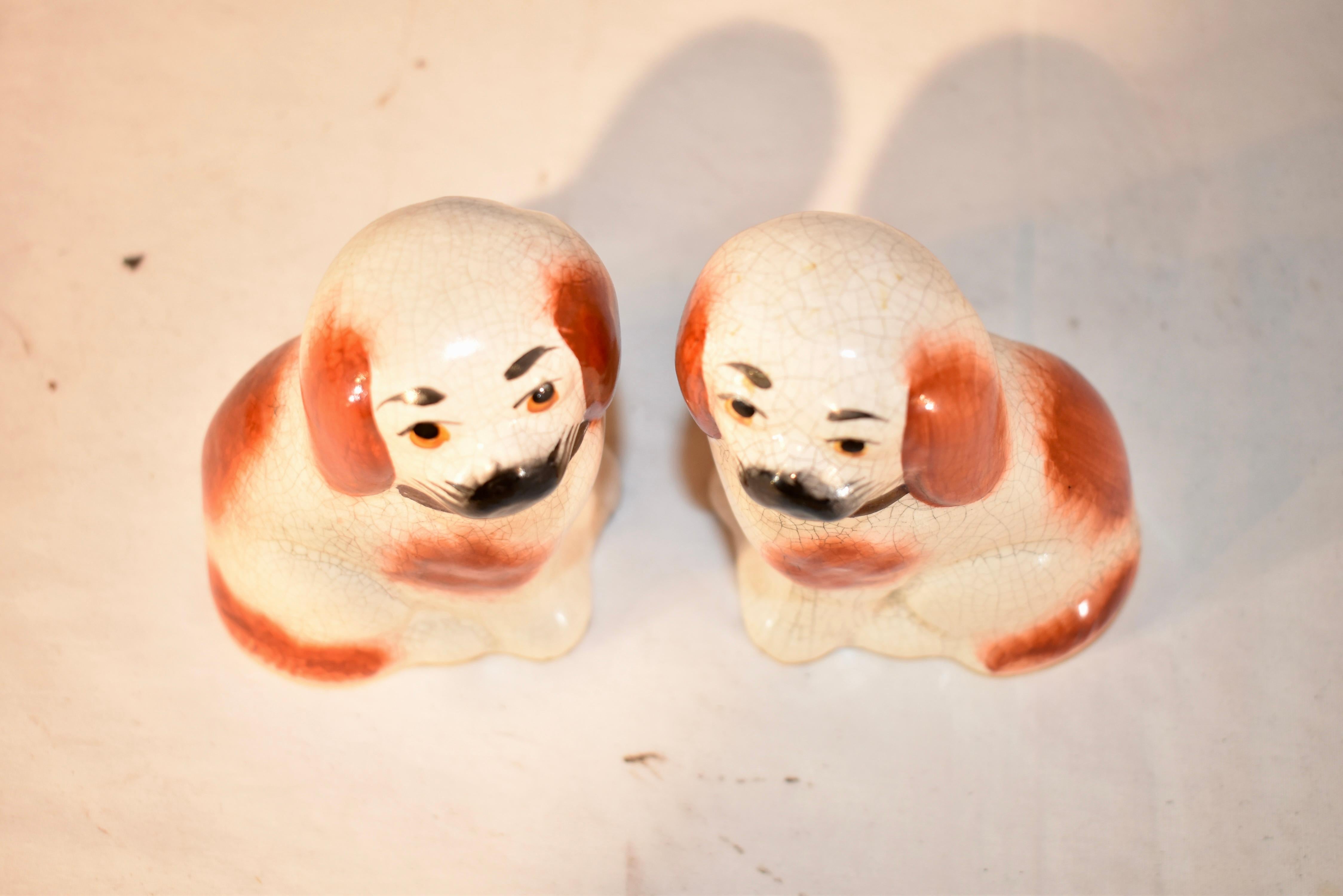 Ceramic Pair of Small Staffordshire Dogs, circa 1970 For Sale