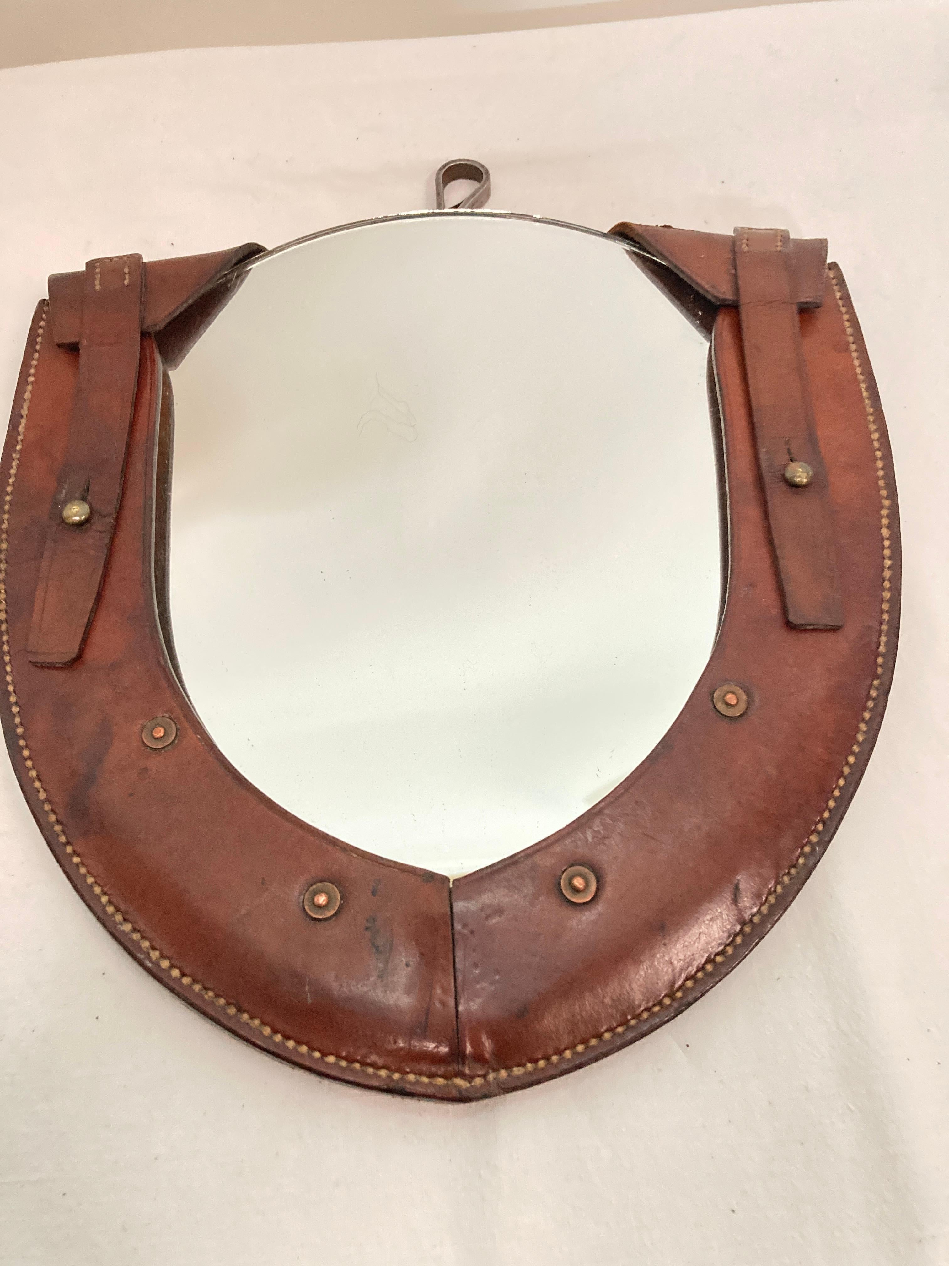 European Pair of small stitched leather mirror in the style of Jacques Adnet For Sale