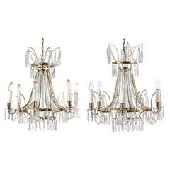 Retro Pair of Small Swedish Six-Light Chandeliers with Brass Frames, Empire Style