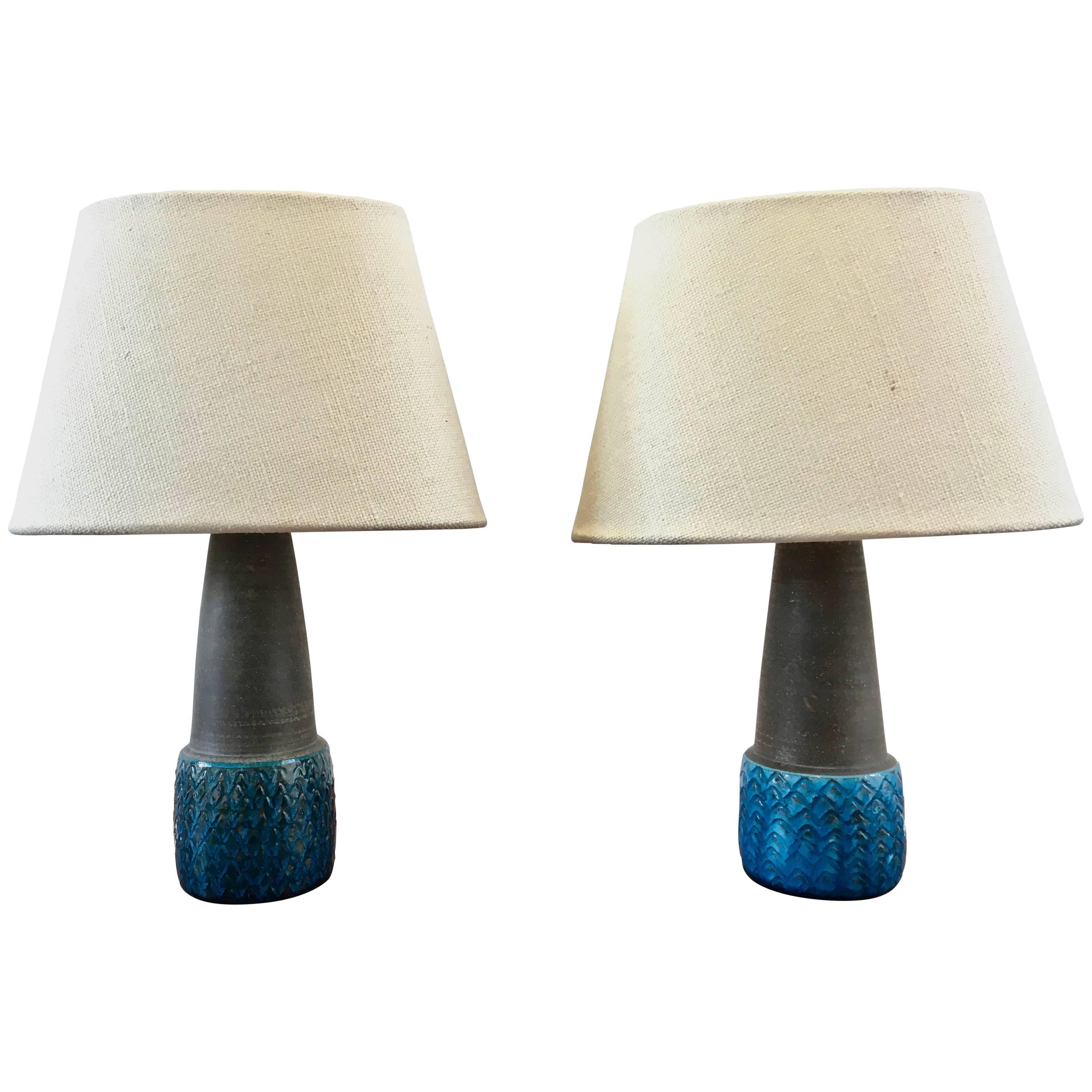 Pair of Small Table Lamps with Turquoise Colored Glazing by Nils Kähler, Denmark