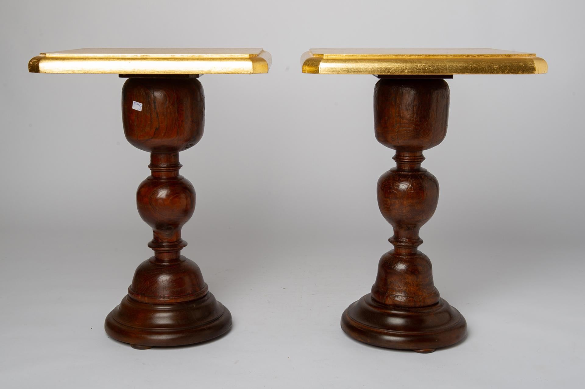 Pair of Small Tables with Golden Wooden Top For Sale 2