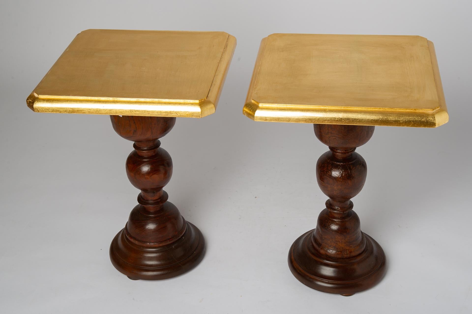 Pair of Small Tables with Golden Wooden Top For Sale 3