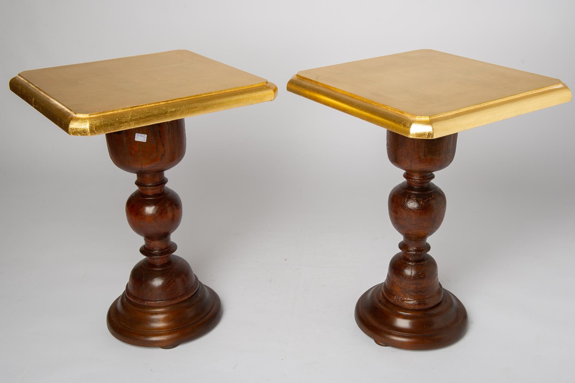 Other Pair of Small Tables with Golden Wooden Top For Sale