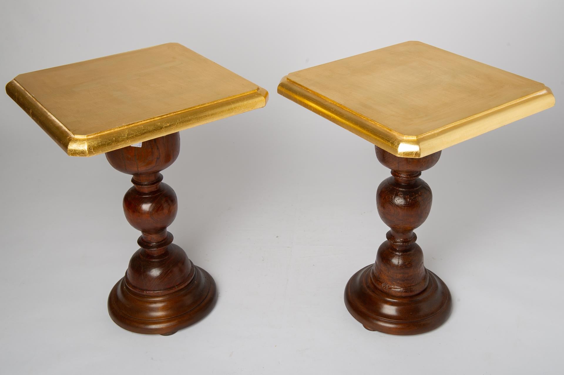 Italian Pair of Small Tables with Golden Wooden Top For Sale