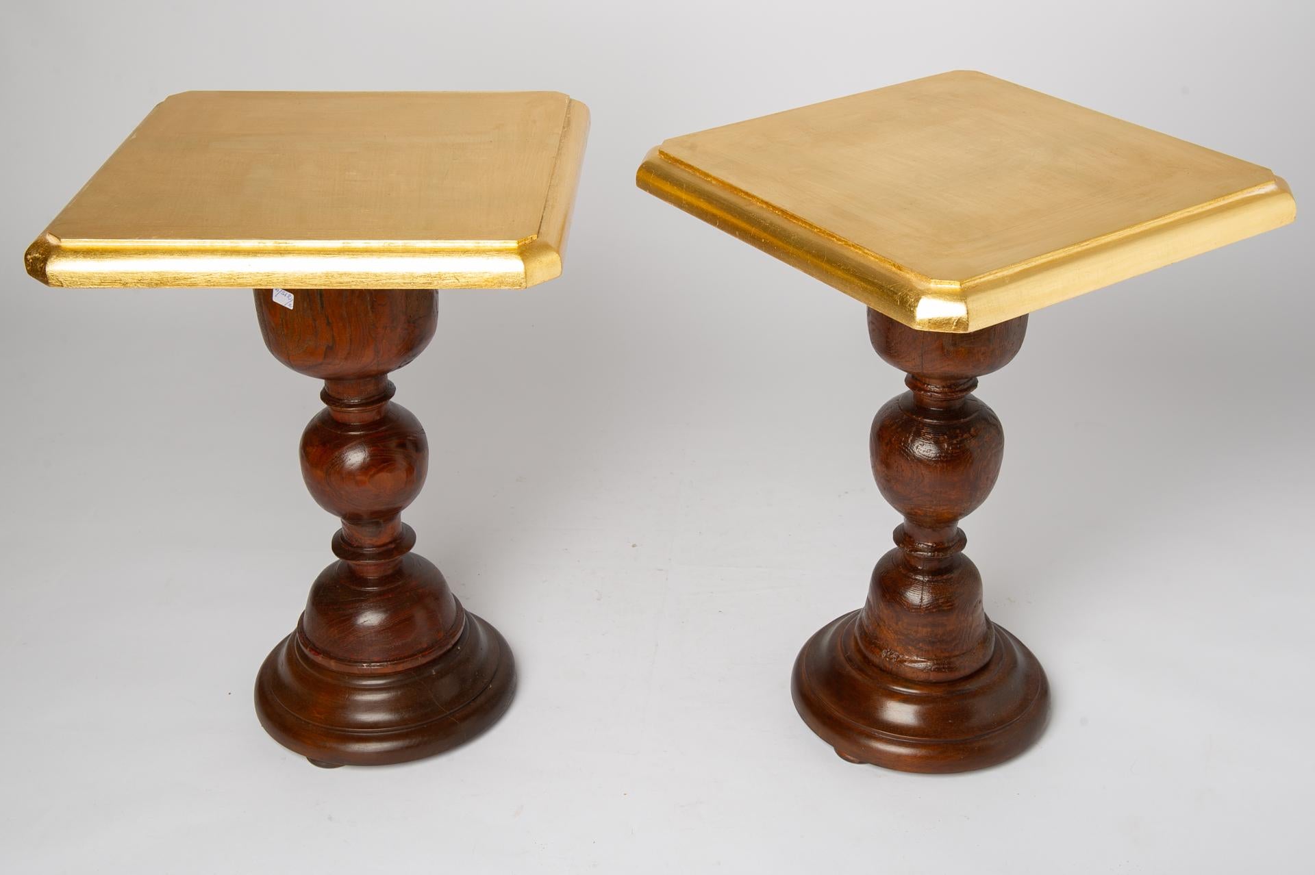 Gilt Pair of Small Tables with Golden Wooden Top For Sale