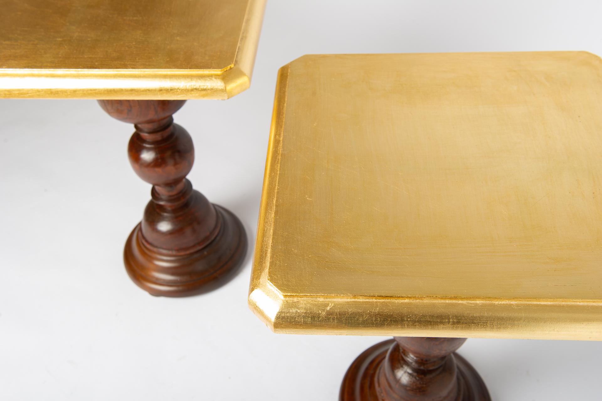 Pair of Small Tables with Golden Wooden Top For Sale 1
