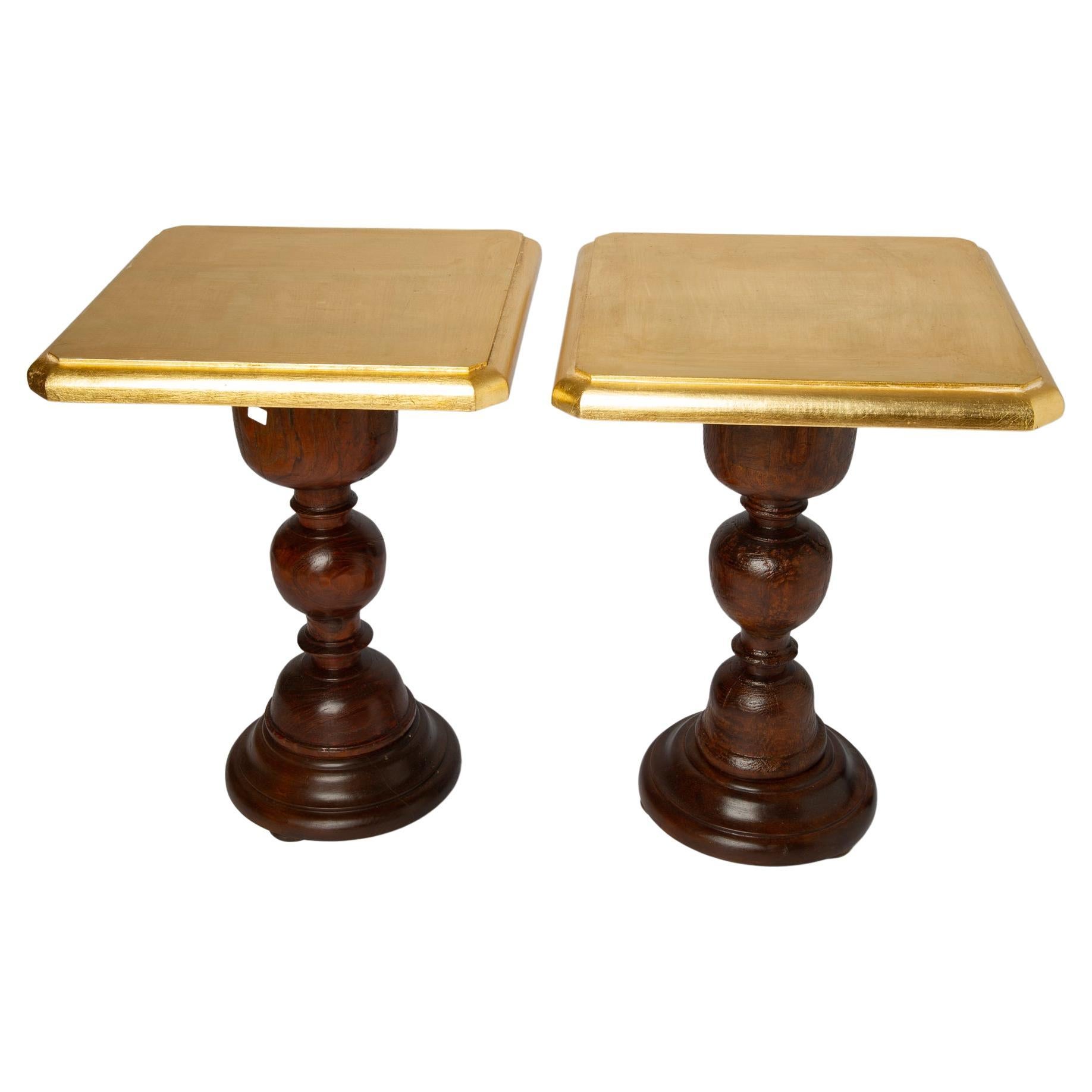Pair of Small Tables with Golden Wooden Top For Sale
