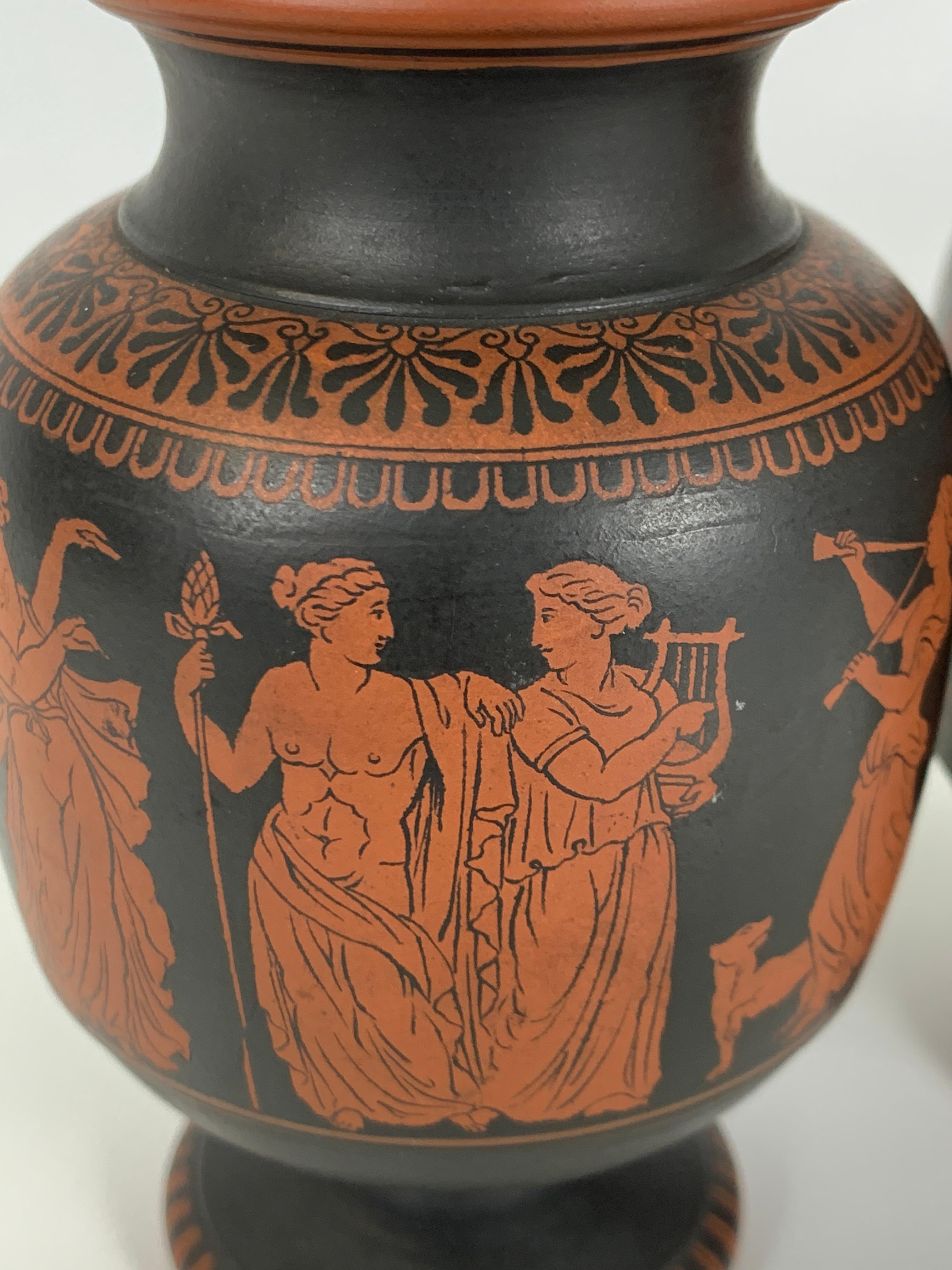 English Pair of Small Terracotta Vases showing Classical Figures Made in England