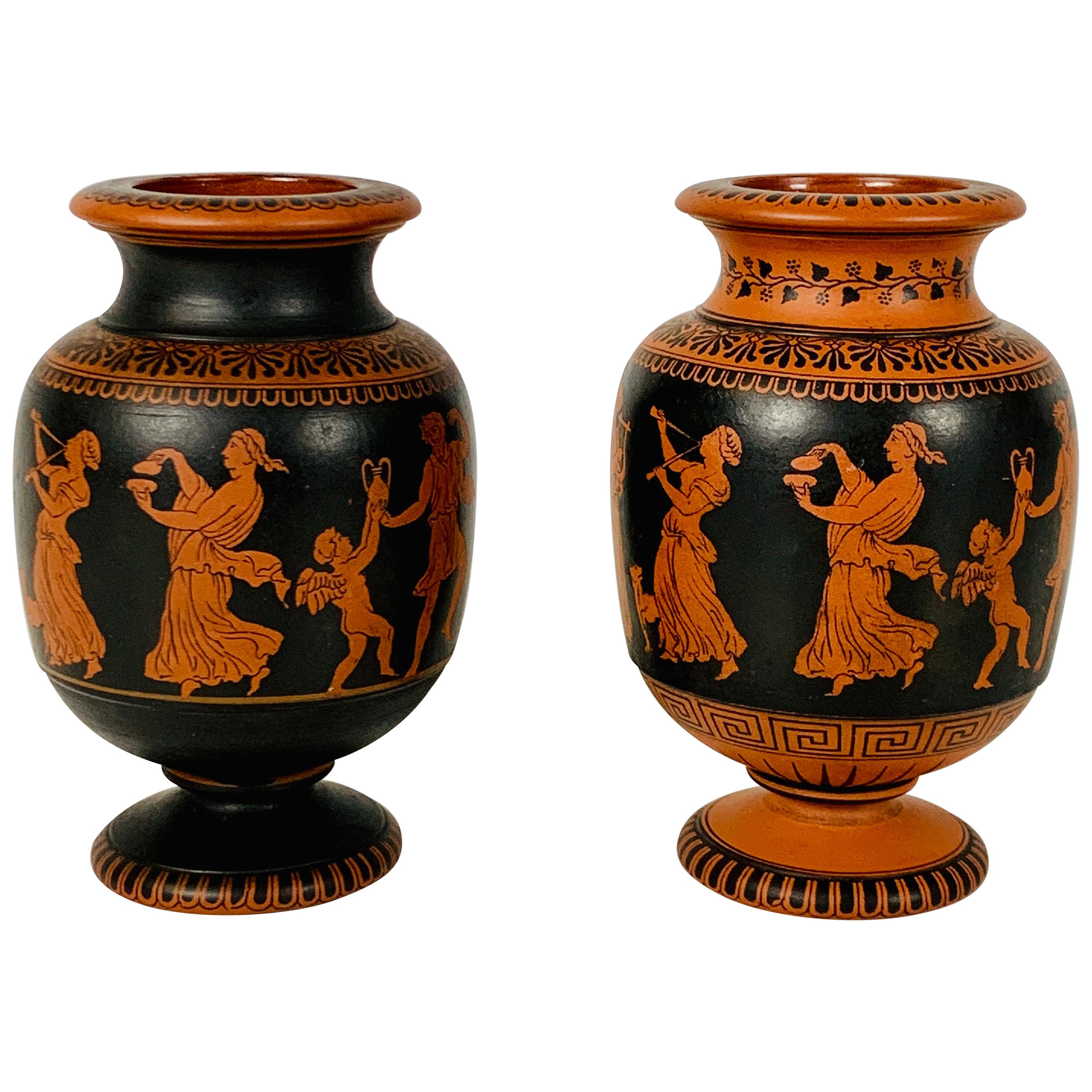 Pair of Small Terracotta Vases showing Classical Figures Made in England