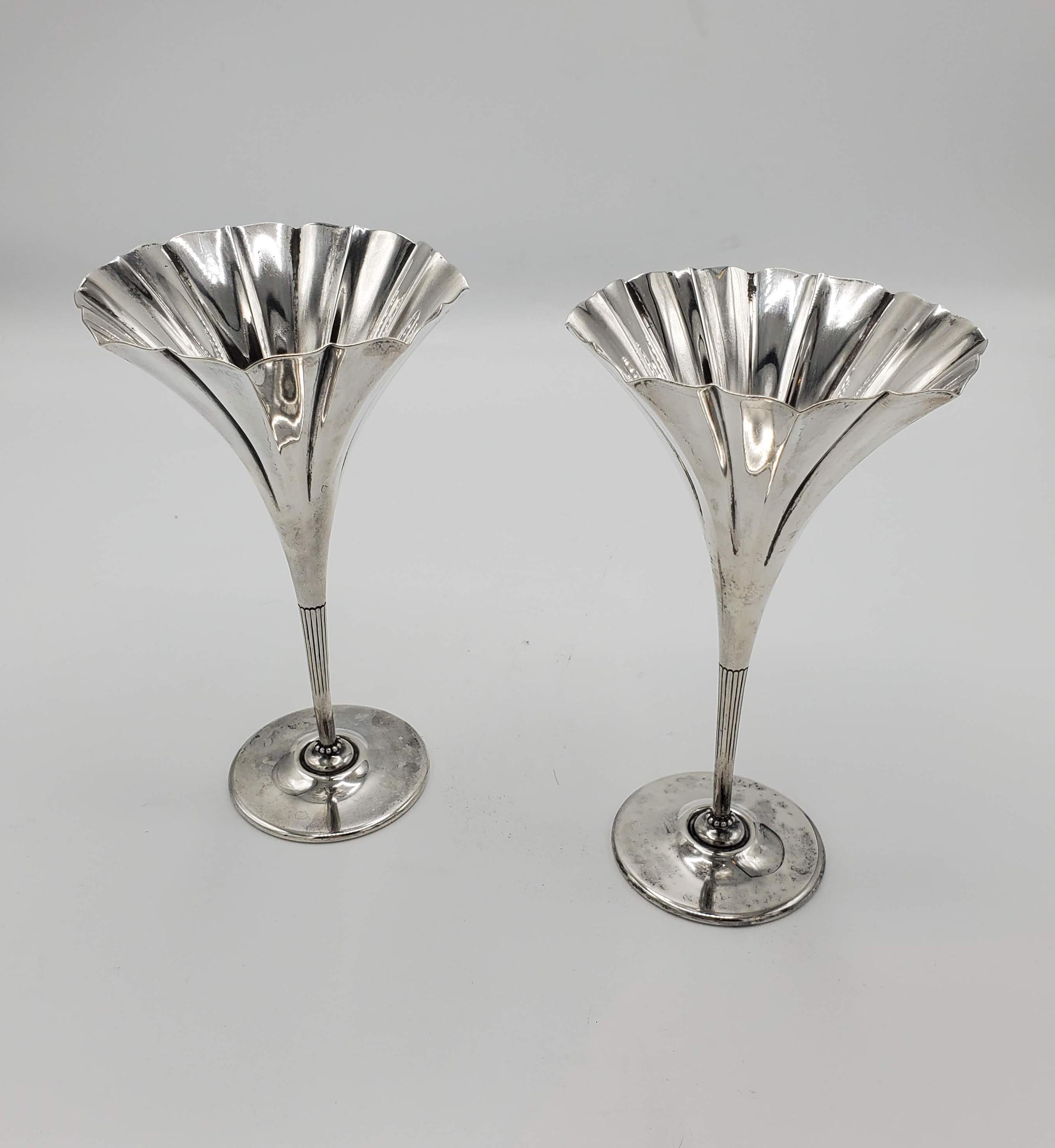 American Pair of Small Tiffany & Co. Art Nouveau Sterling Silver Flower Shaped Vases