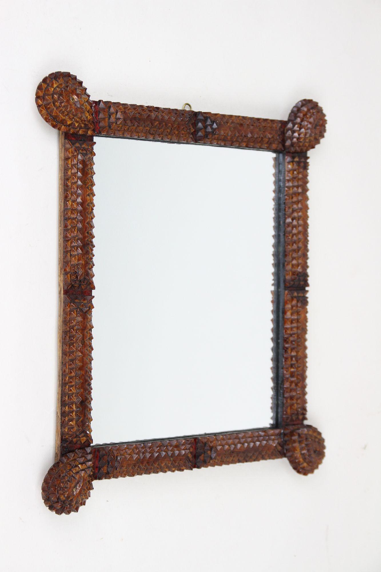 Rustic Pair of Small Tramp Art Wall Mirrors, Handcarved, Austria ca. 1870
