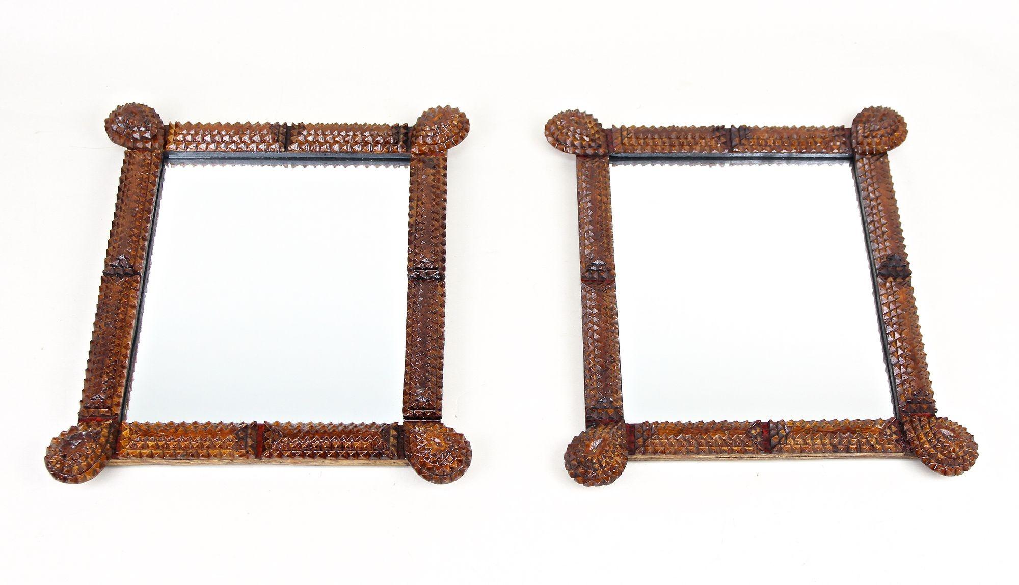 Pair of Small Tramp Art Wall Mirrors, Handcarved, Austria ca. 1870 2