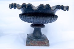 Pair of Small Unusual Antique Cast Iron Urns with Ruffled Rims