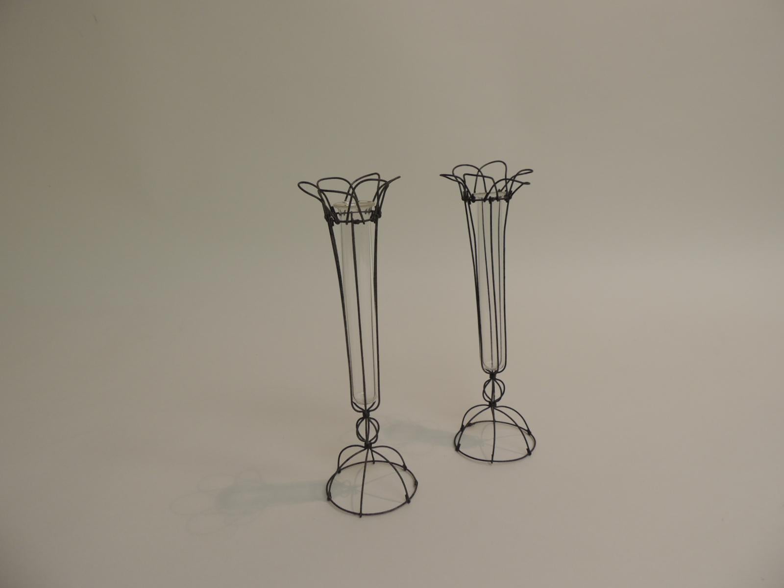 Hand-Crafted Pair of Small Victorian Articulate Wire and Glass Flower Bud Vases