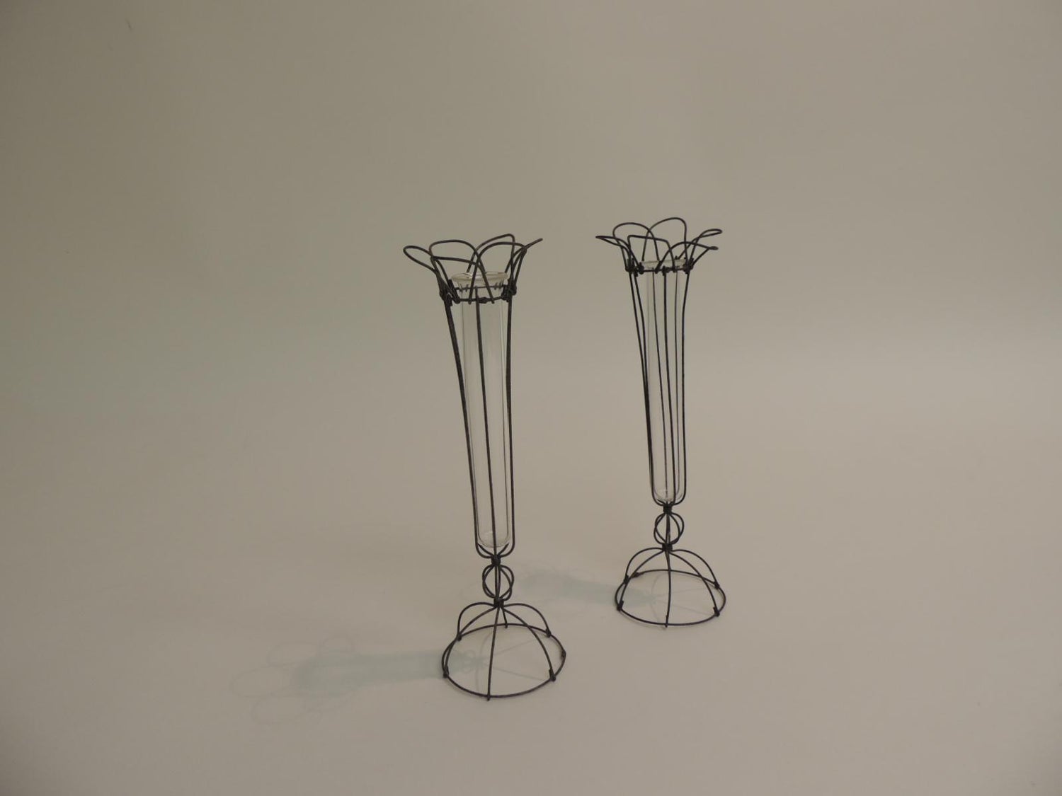 Pair Of Small Victorian Articulate Wire And Glass Flower Bud Vases
