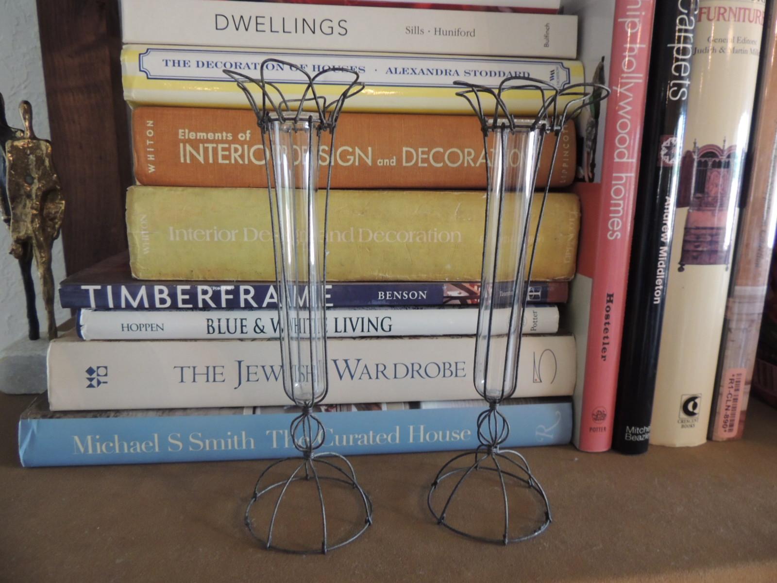 Pair of Small Victorian Articulate Wire and Glass Flower Bud Vases In Good Condition In Oakland Park, FL