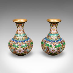Pair of Small Vintage Baluster Form Vases, Oriental, Cloisonne, Posy Urn, C.1970