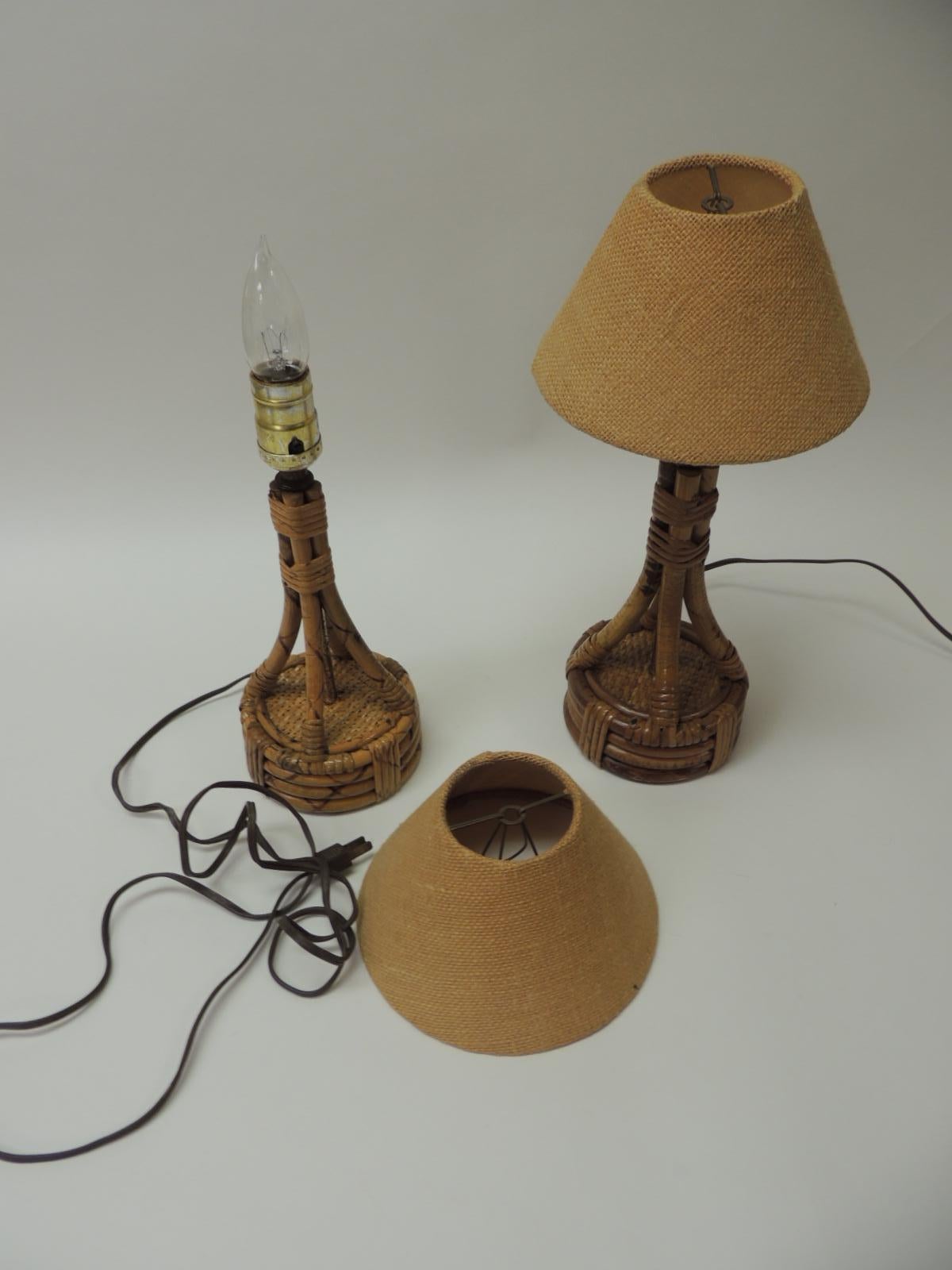 Country Pair of Small Vintage Bamboo and Rattan Table Lamps