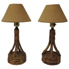 Pair of Small Vintage Bamboo and Rattan Table Lamps