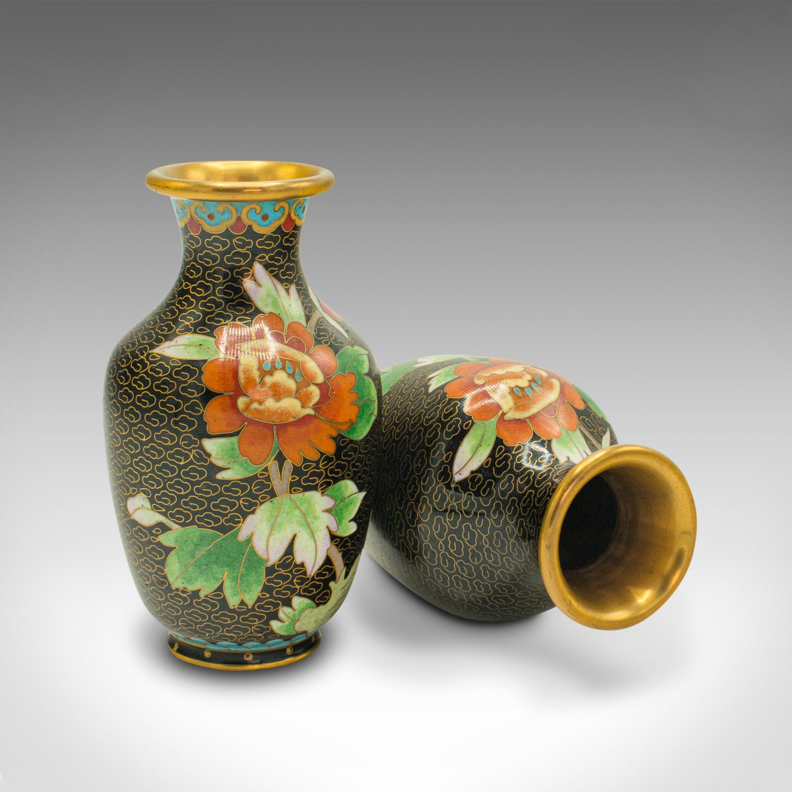 Paire de petits vases vintage en cloisonné, japonais, céramique, fleurs, Art Déco en vente 1