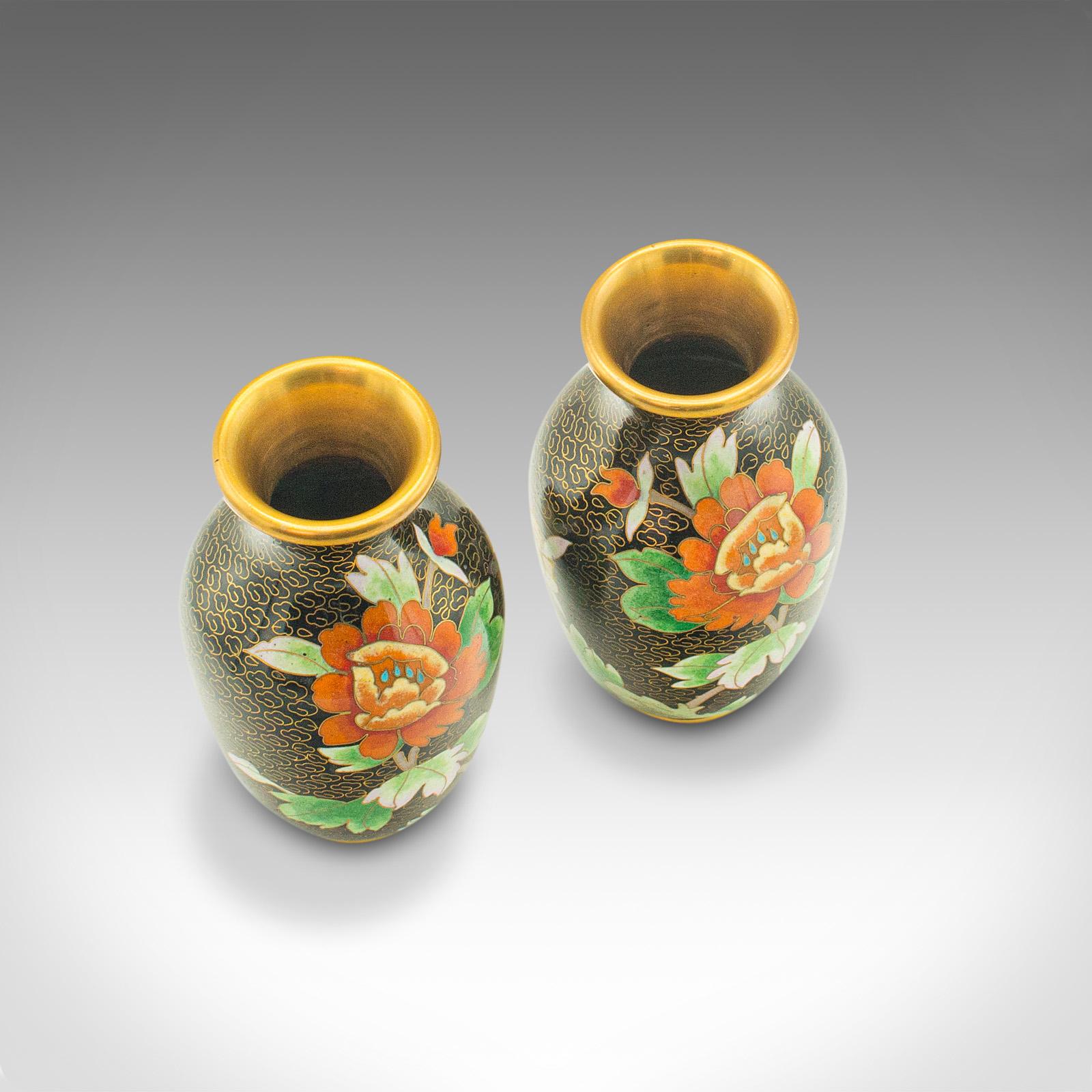 Paire de petits vases vintage en cloisonné, japonais, céramique, fleurs, Art Déco en vente 2