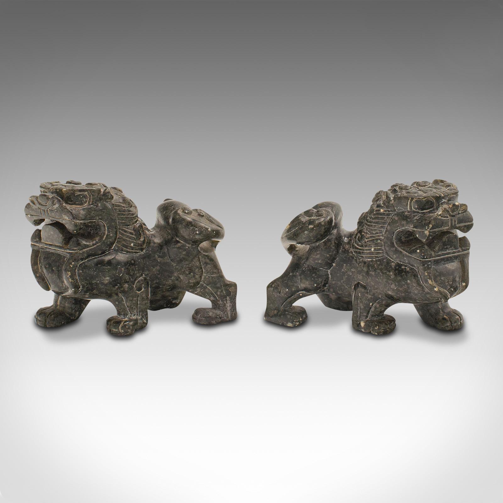 Pair Of Small Vintage Oriental Lions, Chinese, Soapstone Carved Figure, Art Deco In Good Condition In Hele, Devon, GB