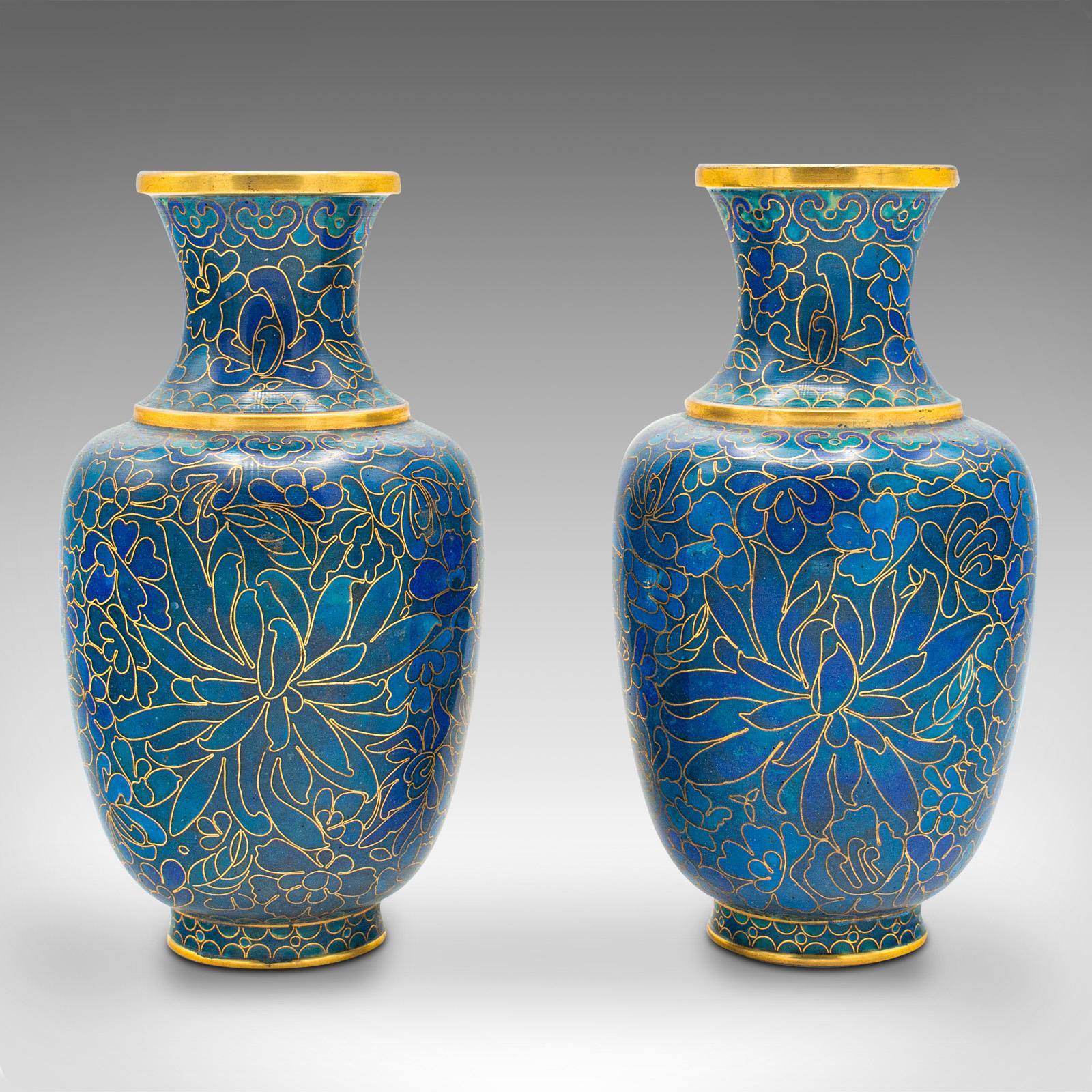 This is a pair of small vintage posy vases. A Japanese, cloisonne baluster, dating to the late Art Deco period, circa 1940.

Striking blue hues and gilt decor accentuate this charming pair of vases
Displaying a desirable aged patina and in good