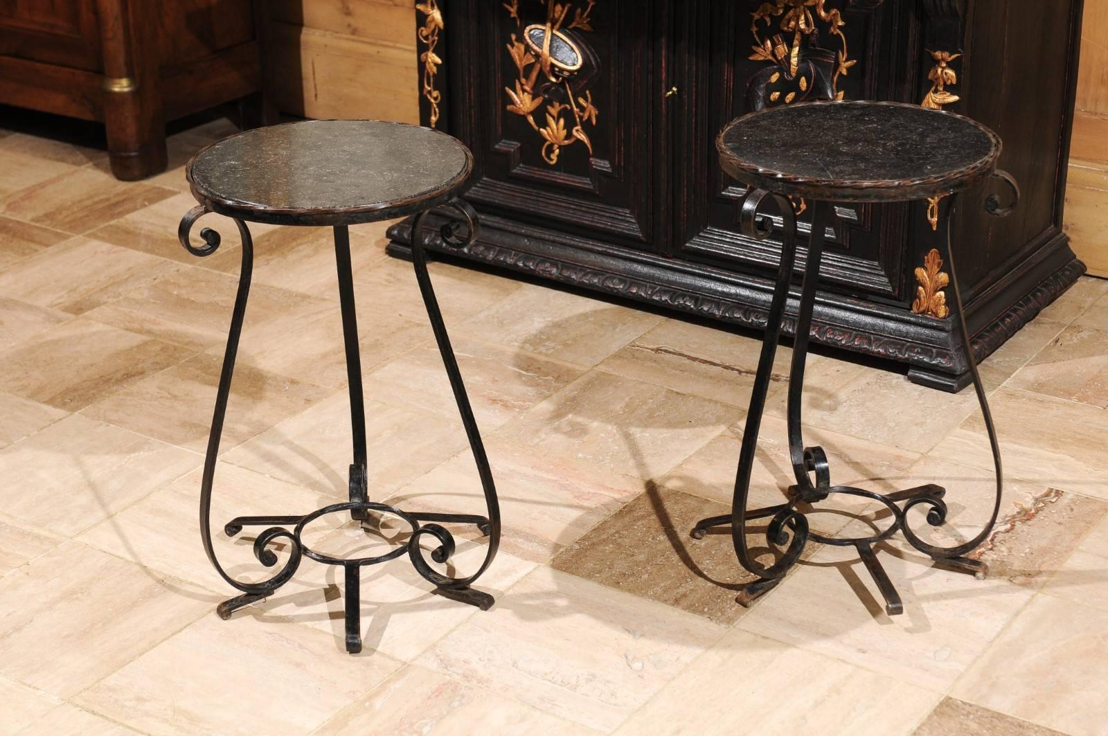 20th Century Pair of Small Vintage Wrought Iron Tables with Iron Tops from France For Sale
