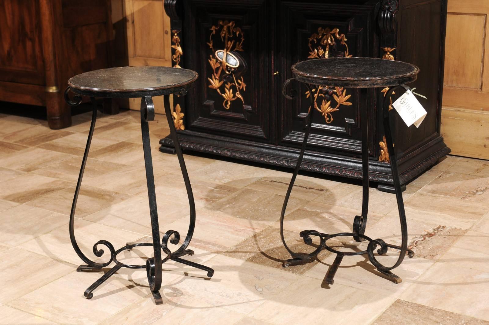 Pair of Small Vintage Wrought Iron Tables with Iron Tops from France For Sale 1