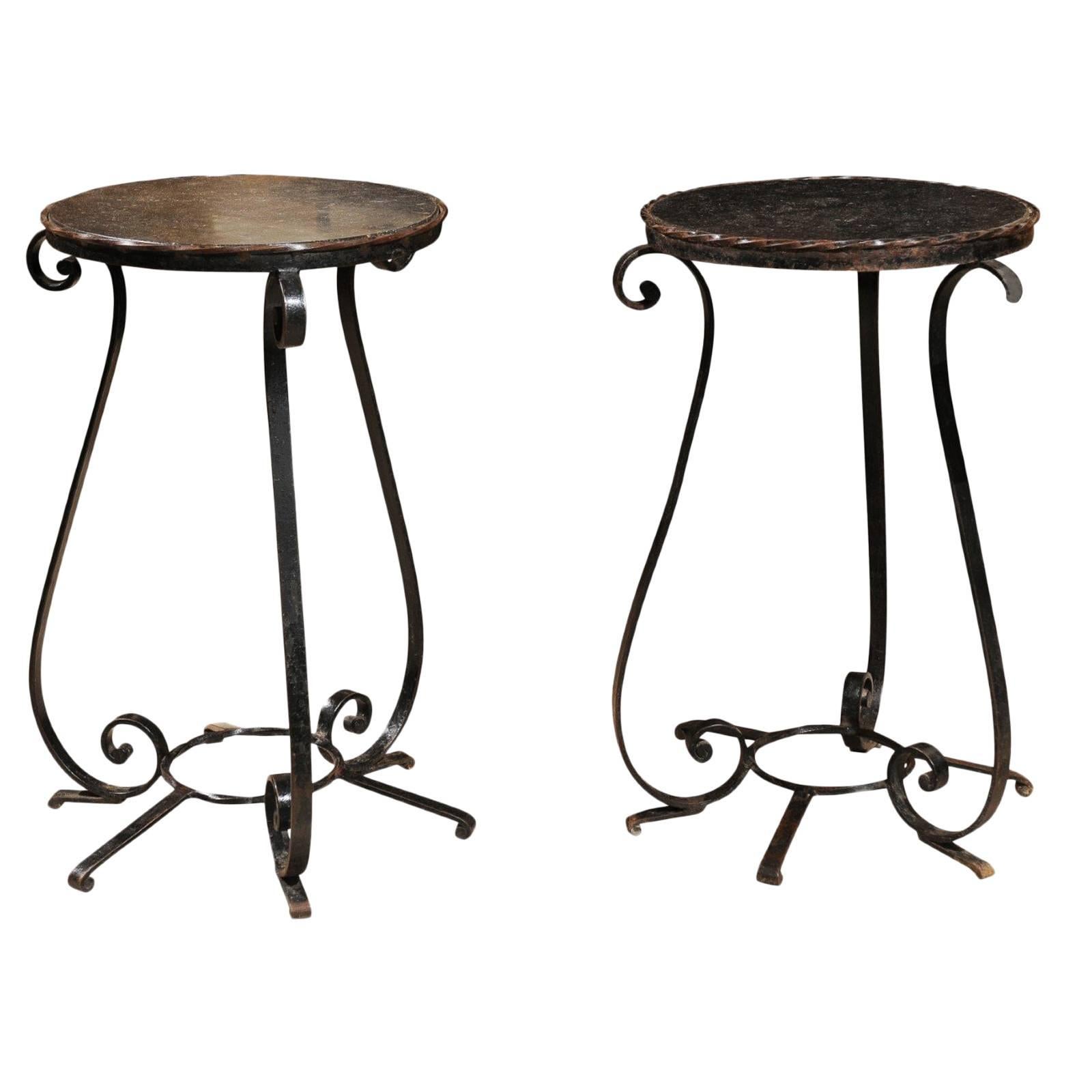 Pair of Small Vintage Wrought Iron Tables with Iron Tops from France For Sale