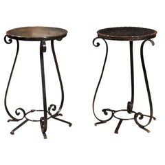 Pair of Small Vintage Wrought Iron Tables with Iron Tops from France