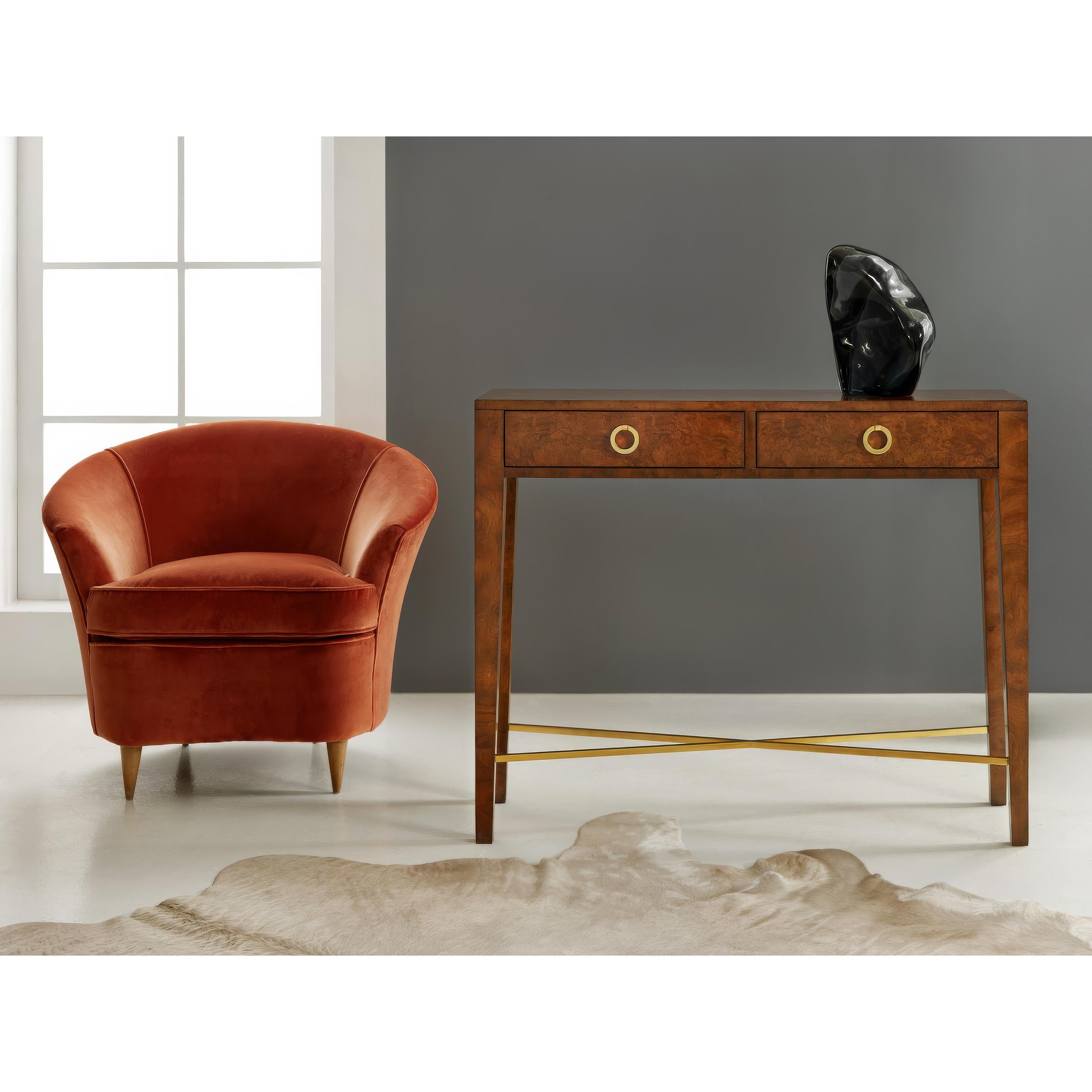 Featuring its characteristic deep brown tones and intricate grain patterns. The clean-lined design is enhanced with polished brass ring pulls and an elegantly crossed brass stretcher that adds both visual interest and structural stability.

This