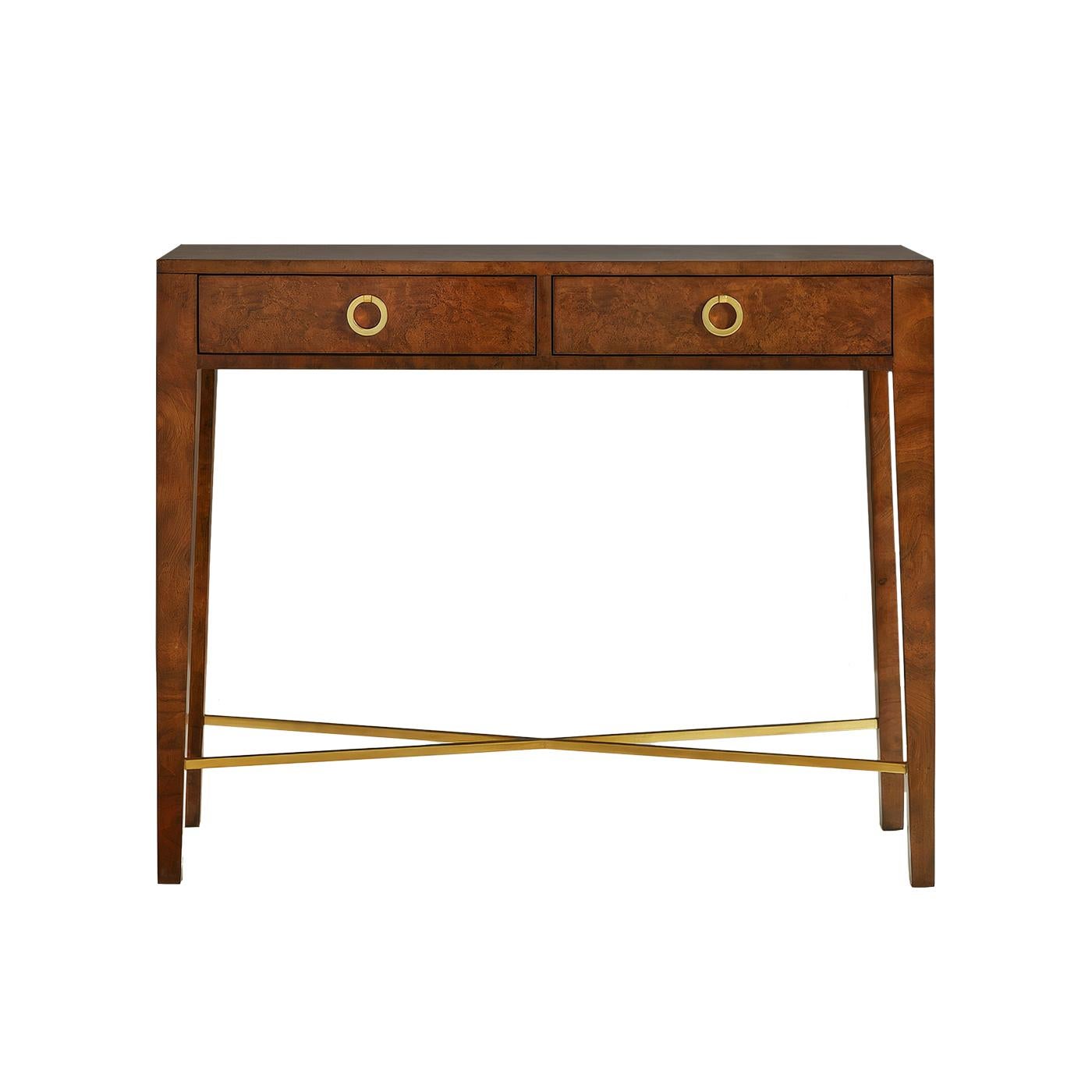 Mid-Century Modern Pair of Small Walnut Burl Console Tables For Sale