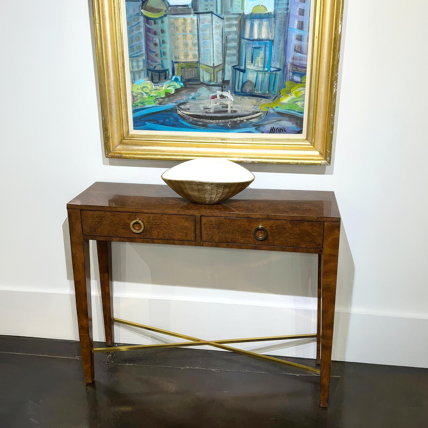 Asian Pair of Small Walnut Burl Console Tables For Sale