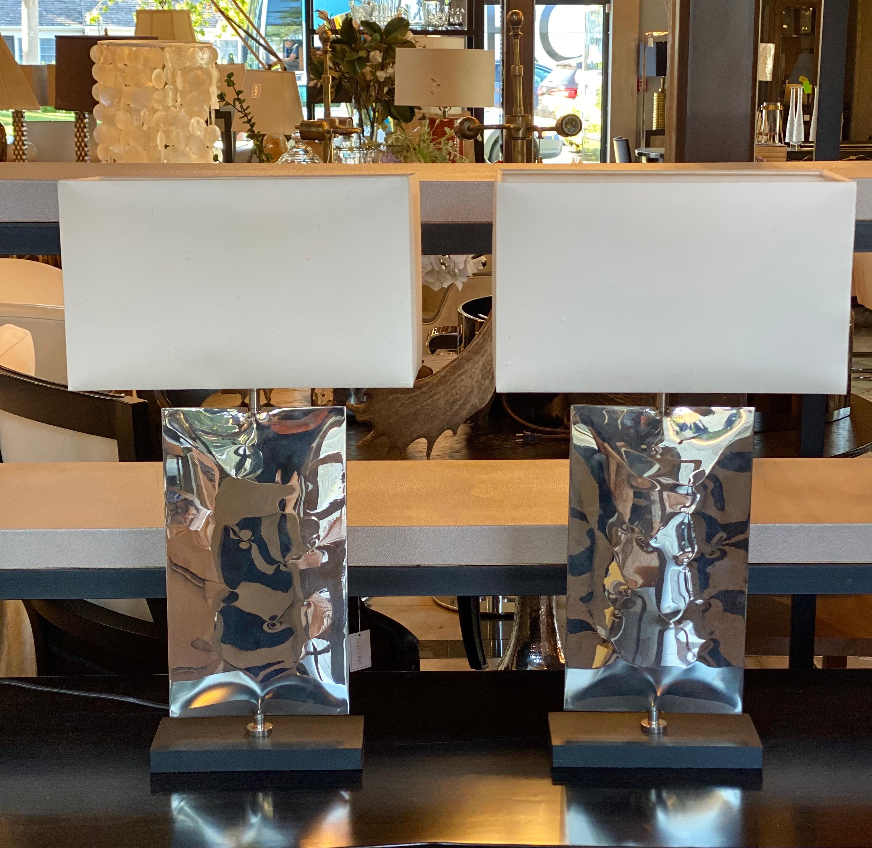 Pair of small waterfall lamps by Porta Romana finished in polished steel with heavy slate base

Measures: 9
