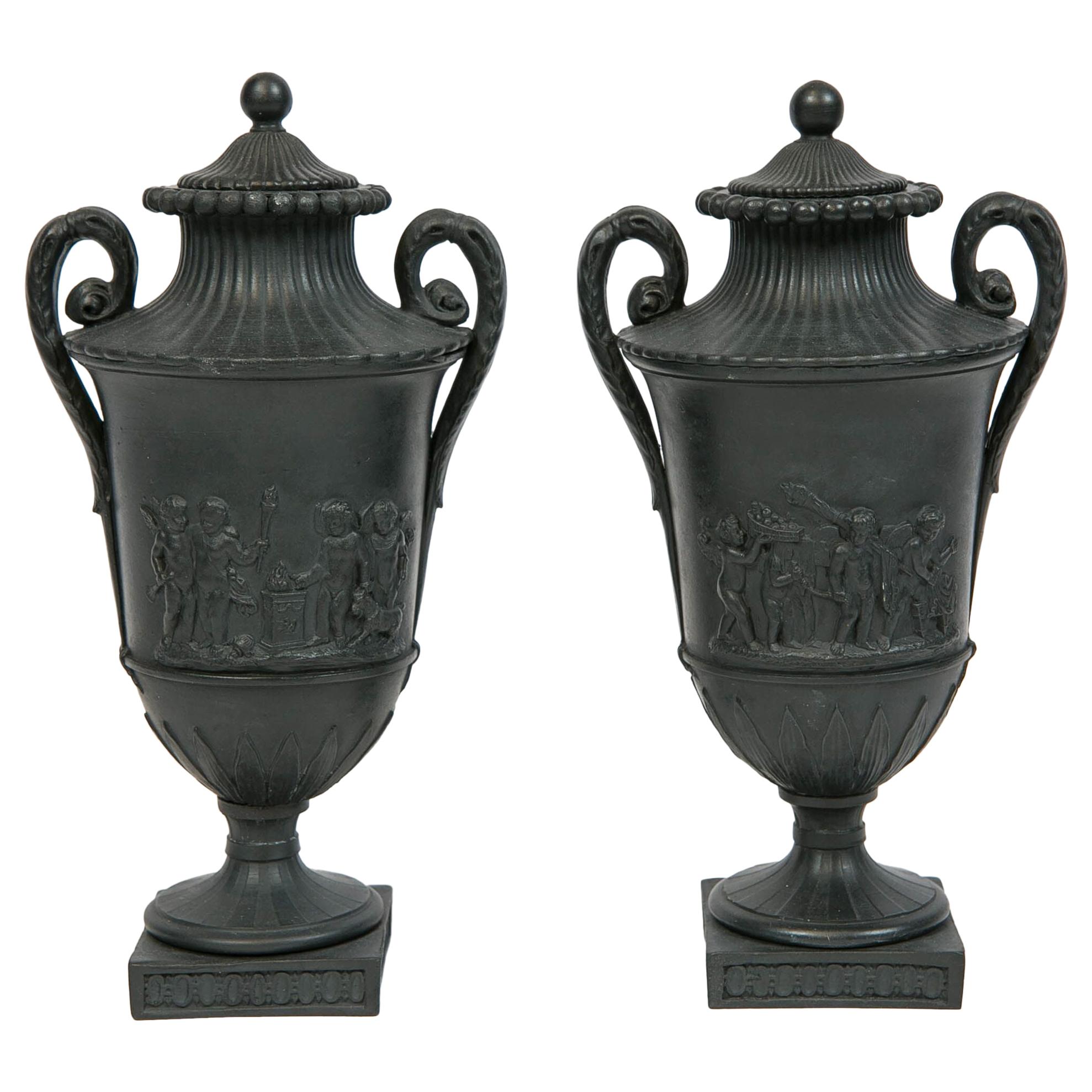 Pair of Small Wedgwood Black Basalt Vases Made circa 1800