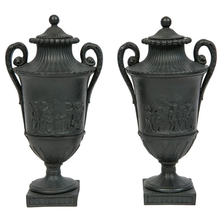 Pair Of Small Wedgwood Black Basalt Vases Made Circa 1800 For Sale