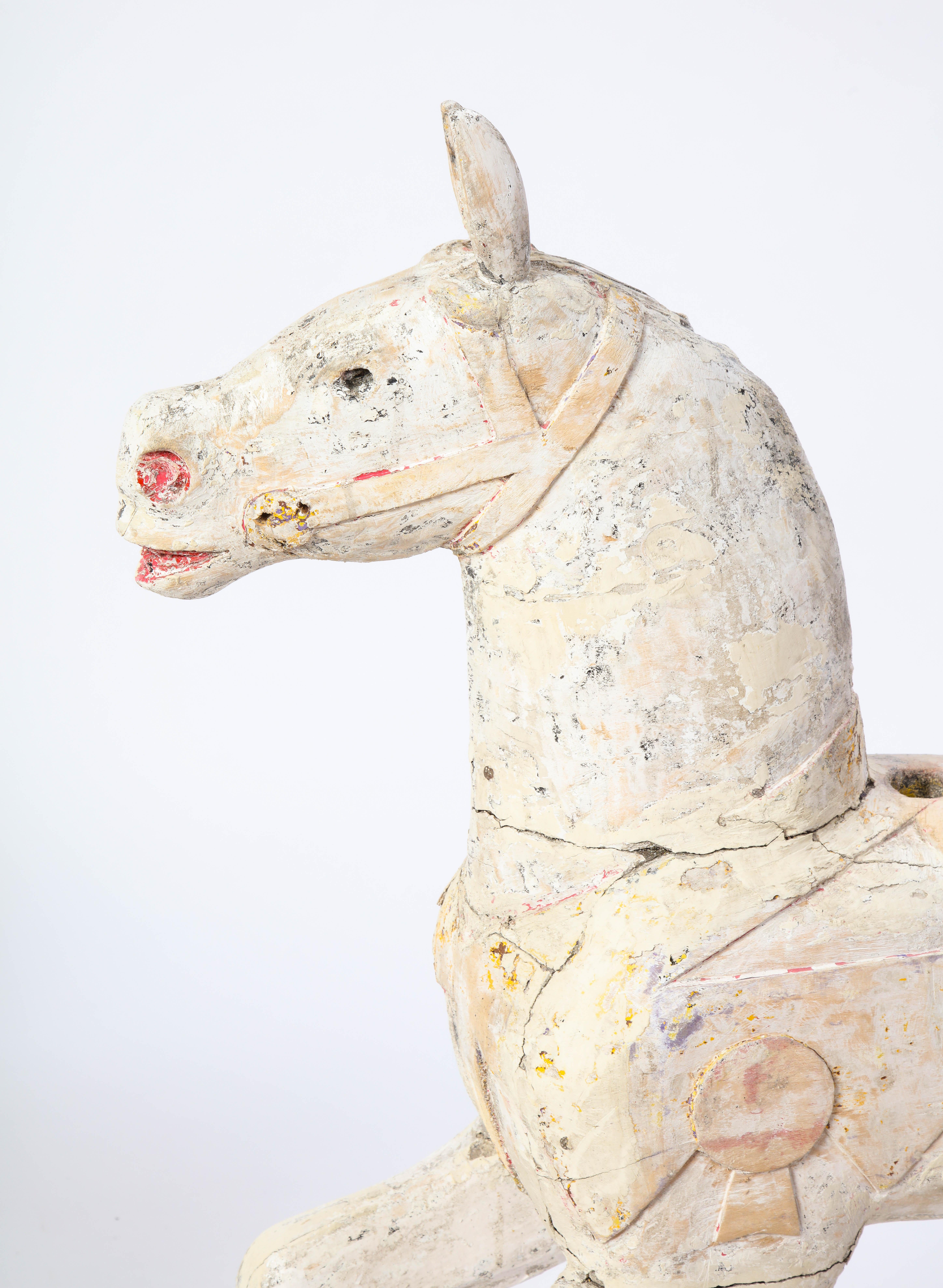 Wood Pair of Small White-Painted Carousel Horses, 20th Century