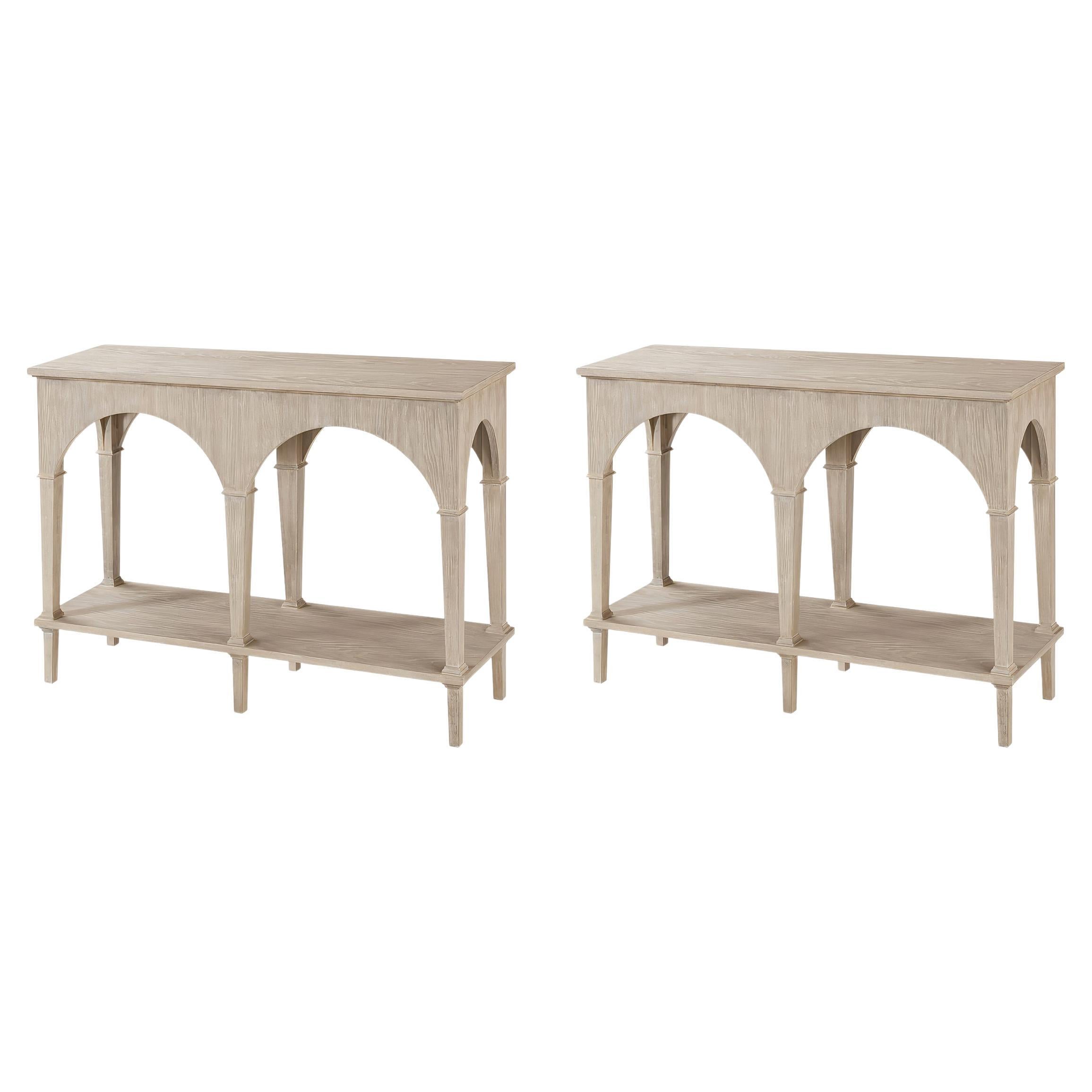 Pair of Small Whitewash Console Tables For Sale