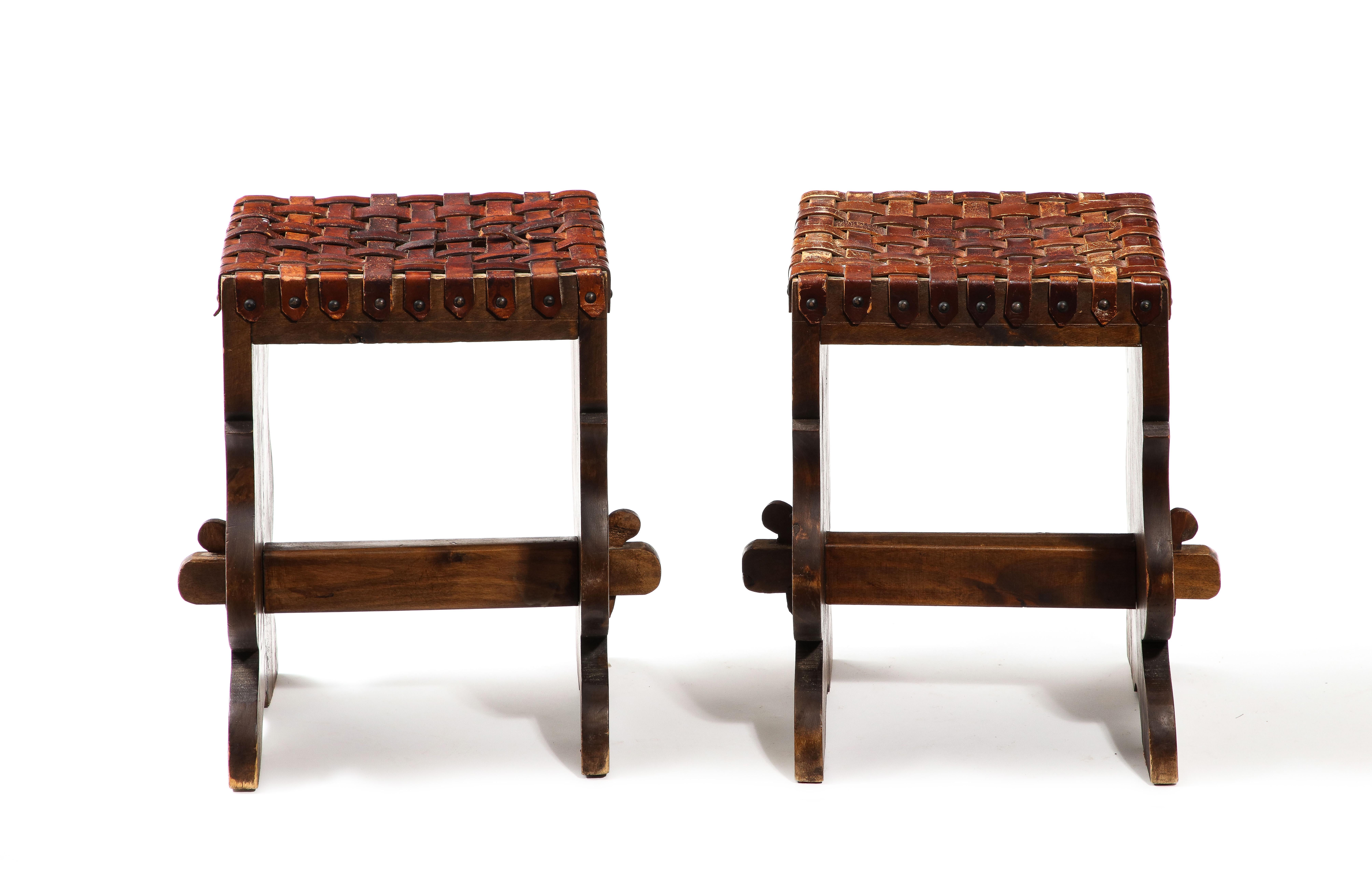 Pair of Small Woven Leather Stools, France 1950s For Sale 3